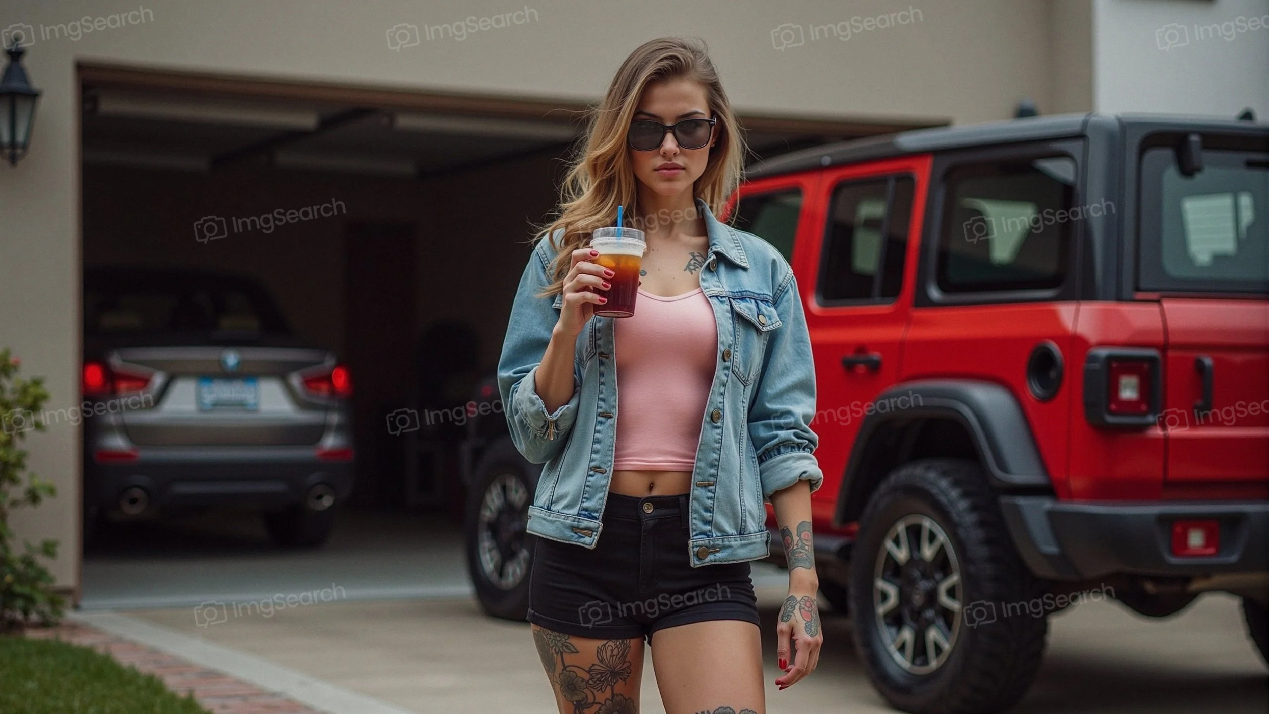 Woman with tattoos glasses holding a drink outside a garage with a red Jeep