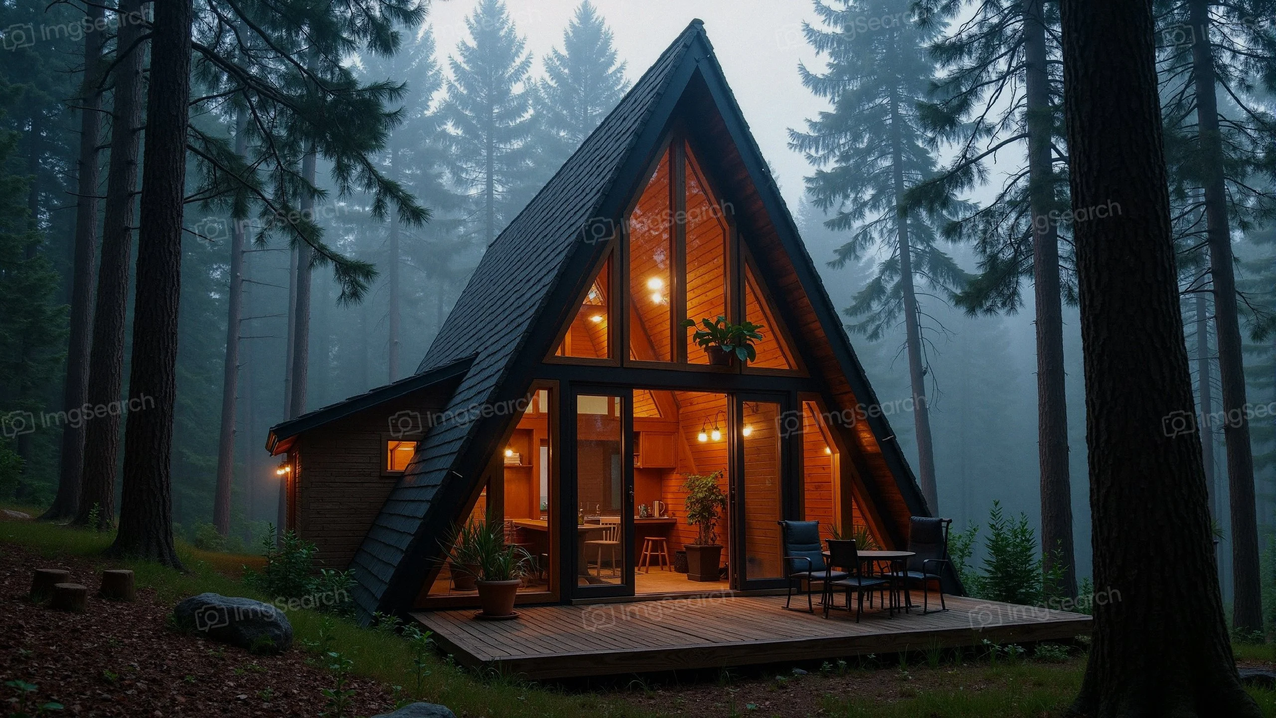 A charming A-frame cabin surrounded by tall trees in a misty forest