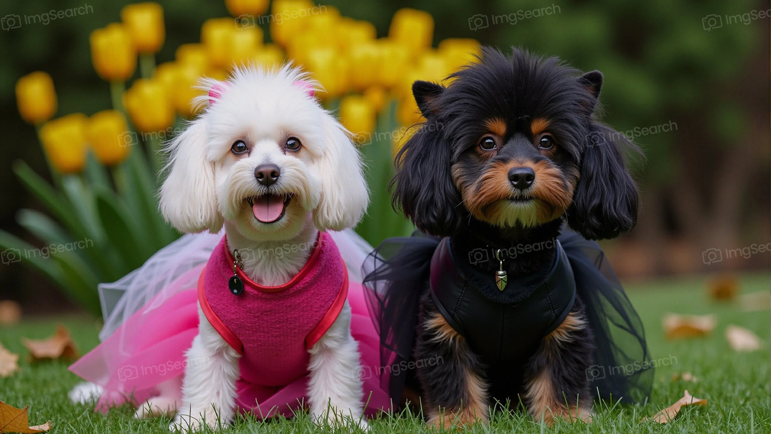 Two stylish dogs dressed in pink black outfits with yellow tulips in the background