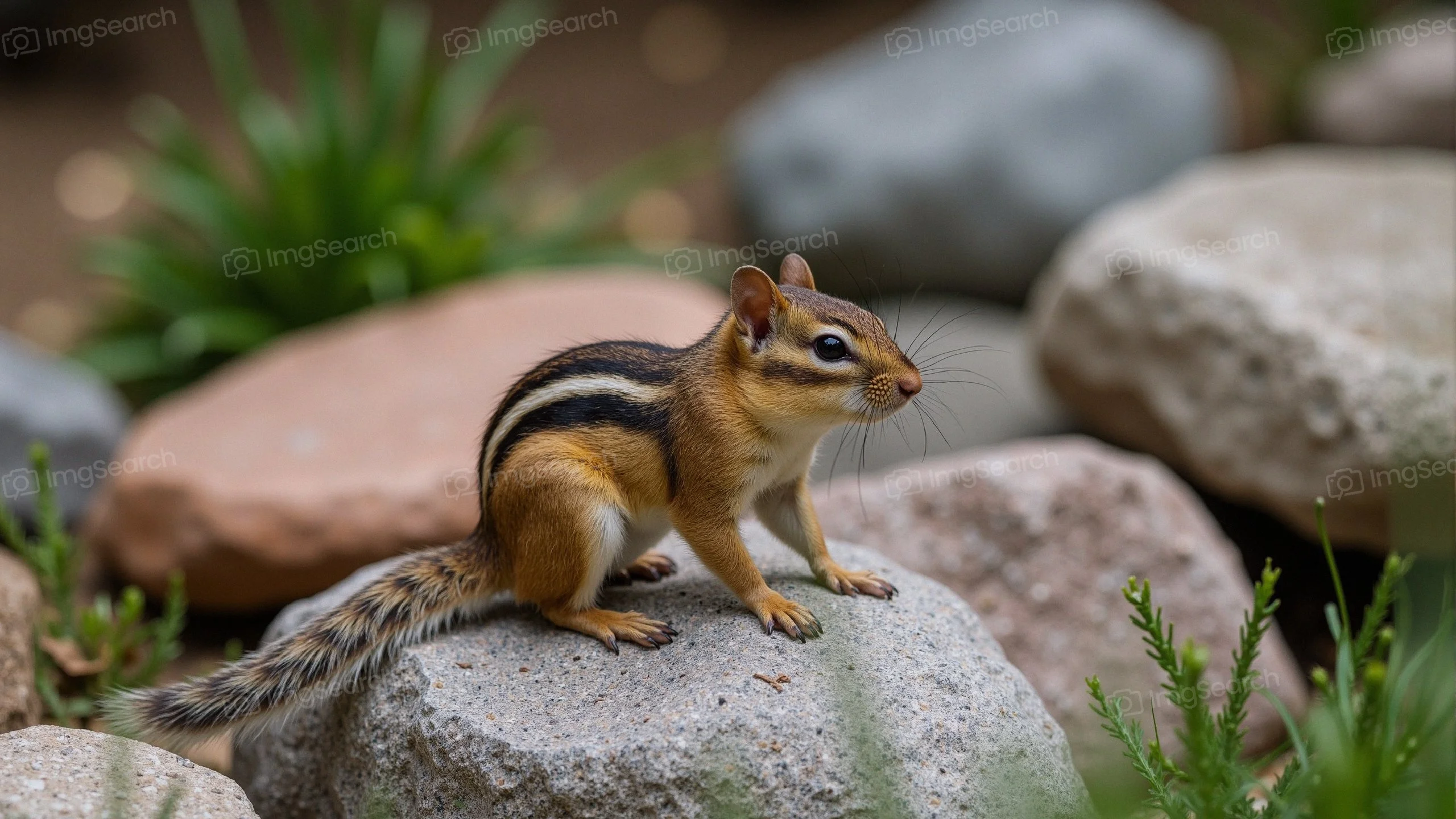A chipmunk sits on a stone in a natural setting with greenery in the background.