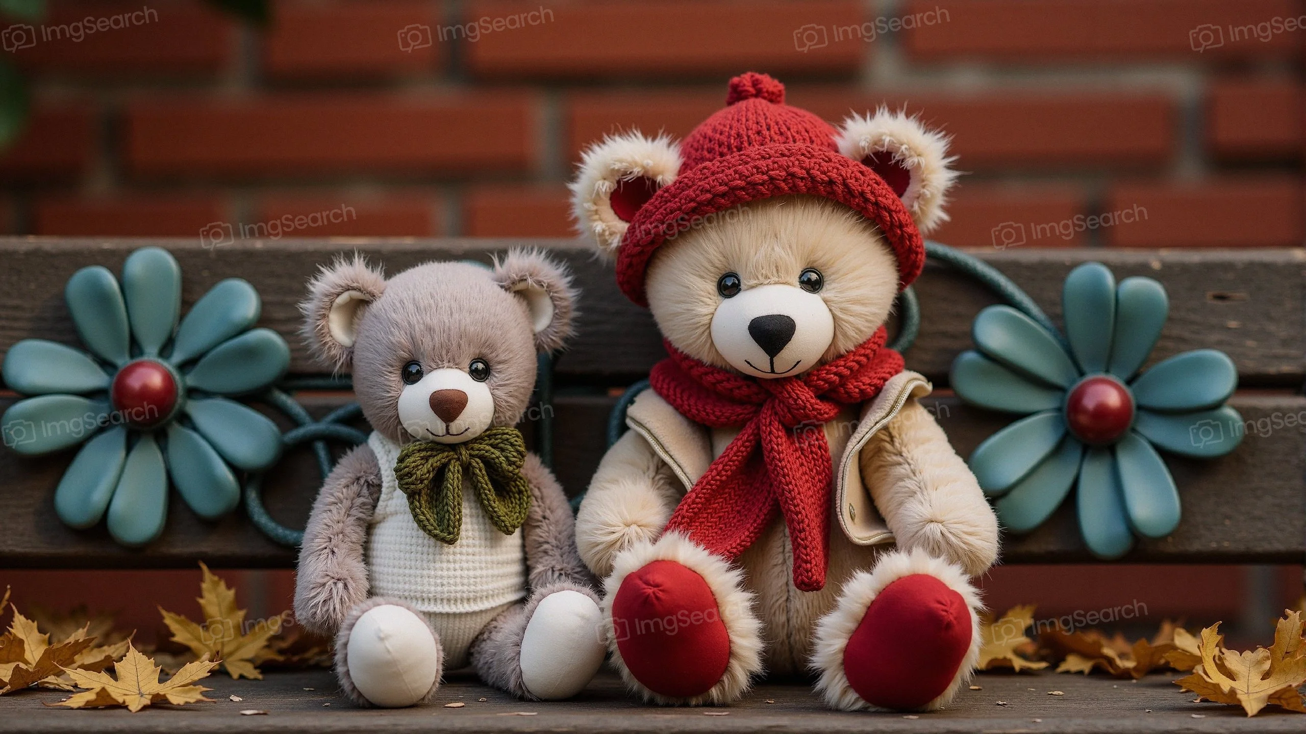 Two teddy bears sitting on a wooden bench with autumn leaves around