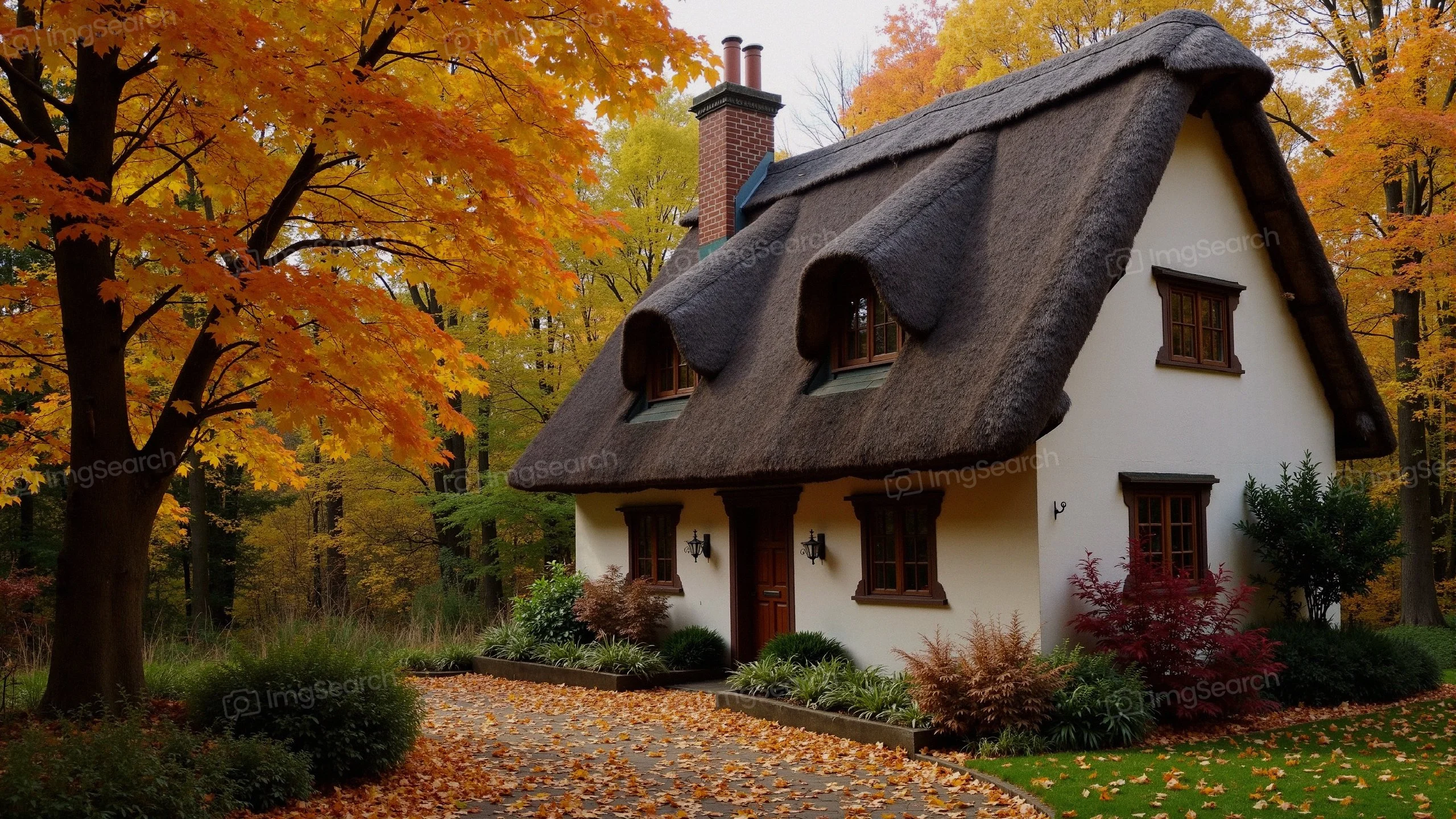 A charming cottage with a thatched roof surrounded by colorful autumn trees.