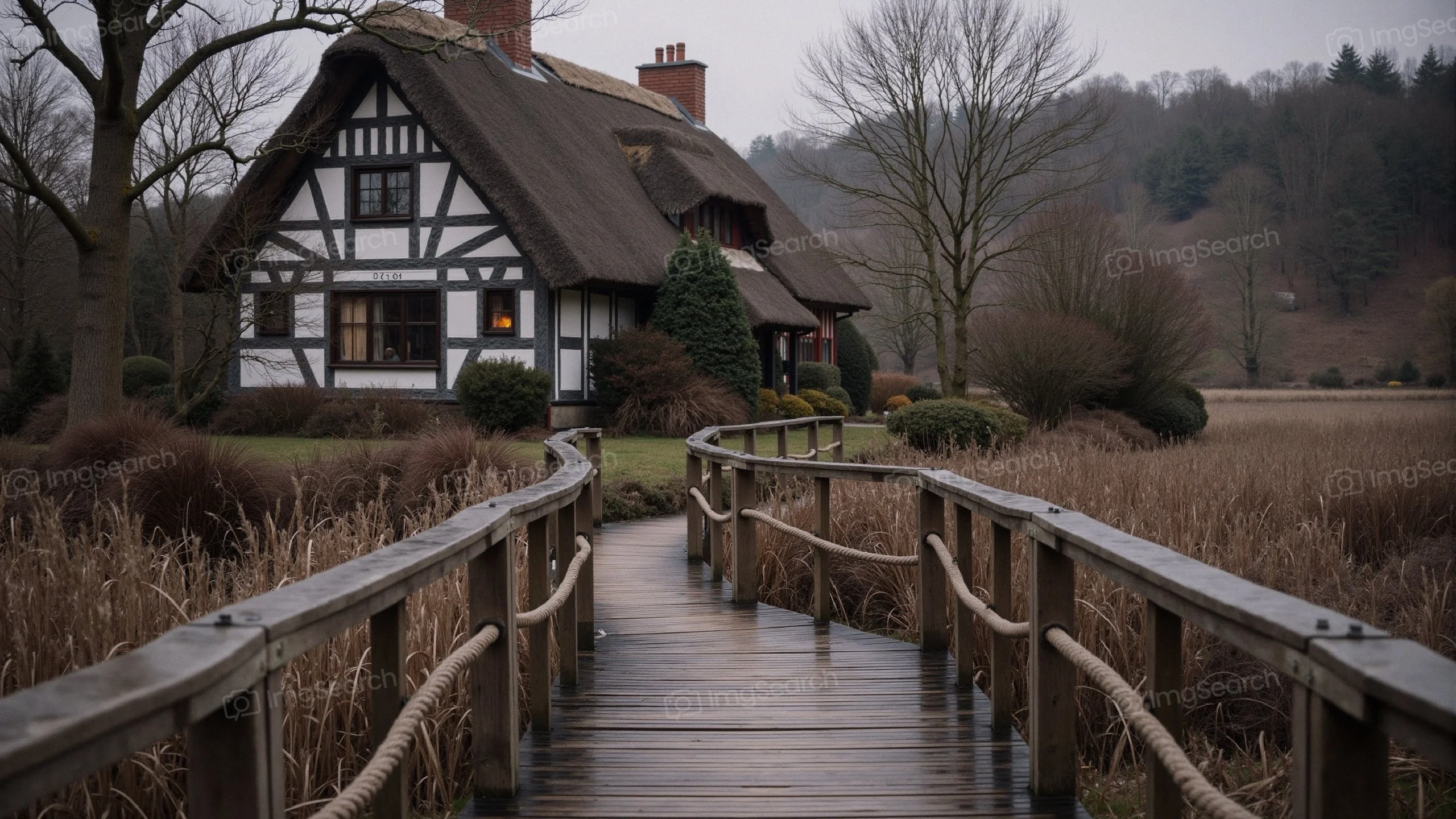 A picturesque cottage with a thatched roof surrounded by trees a wooden path.