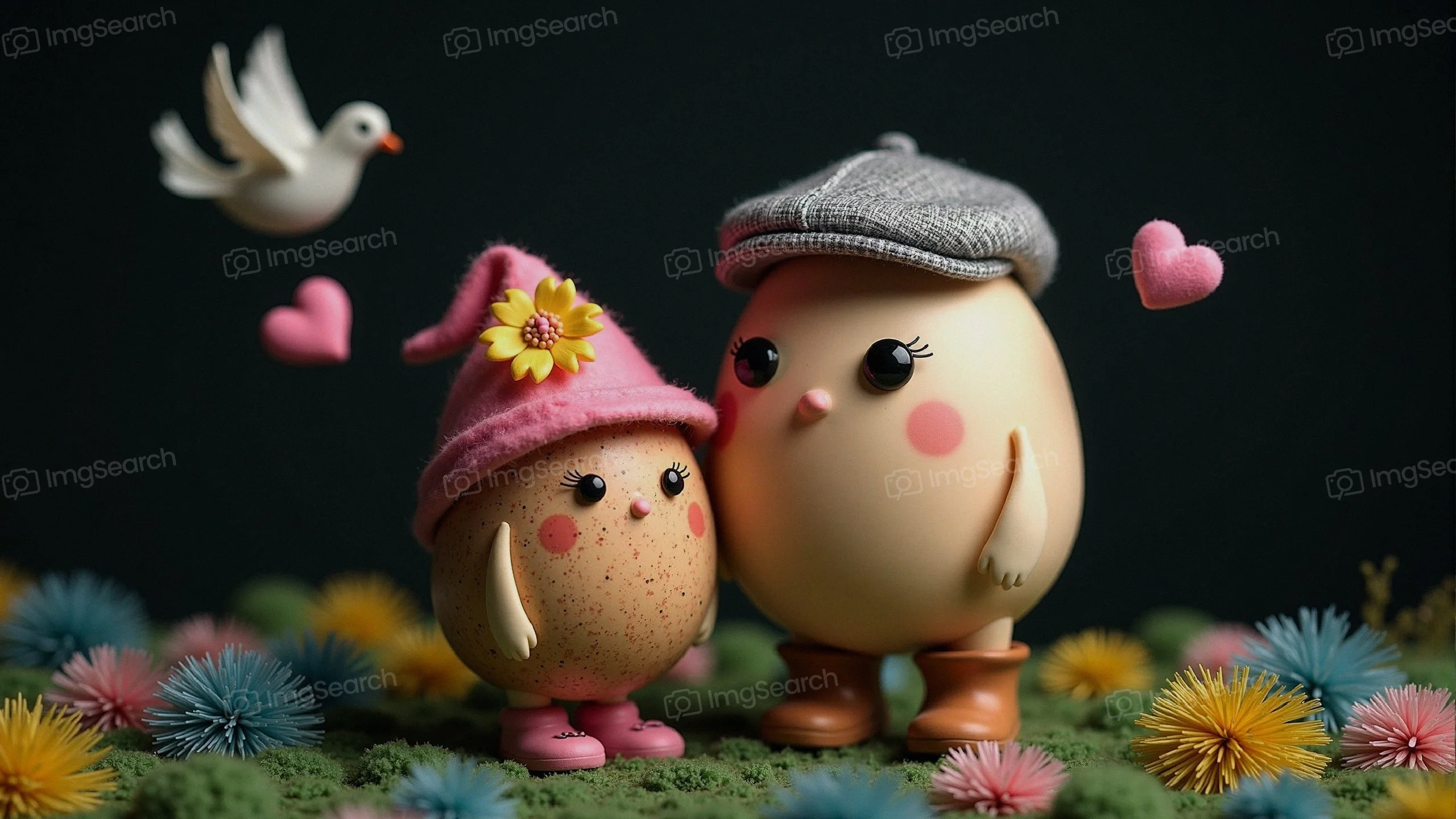 A scene featuring two cartoon egg characters, one wearing a pink hat the other a grey cap, surrounded by colorful pom-poms a flying bird.