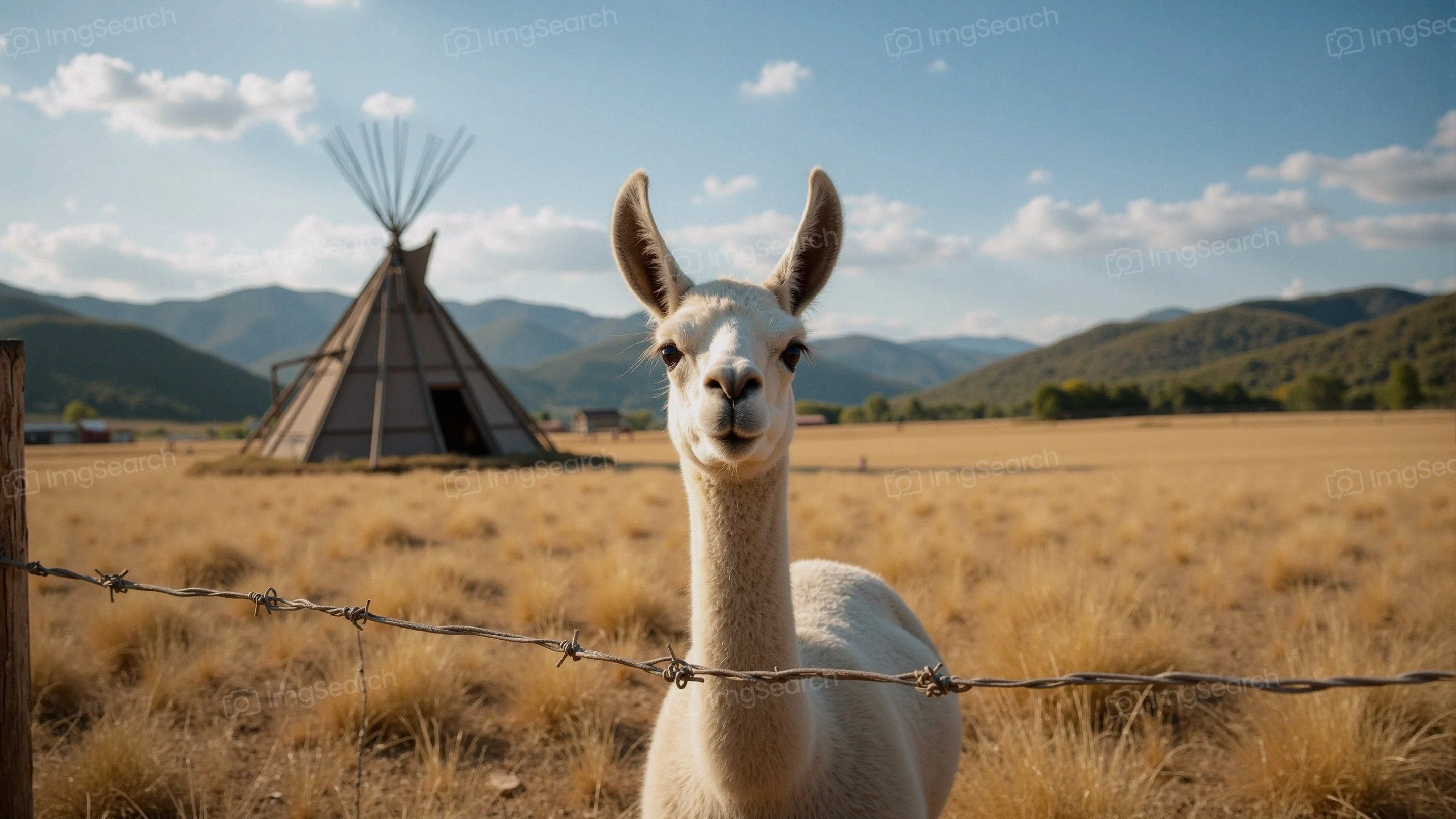 A white llama in a golden field with a teepee in the background under a blue sky.