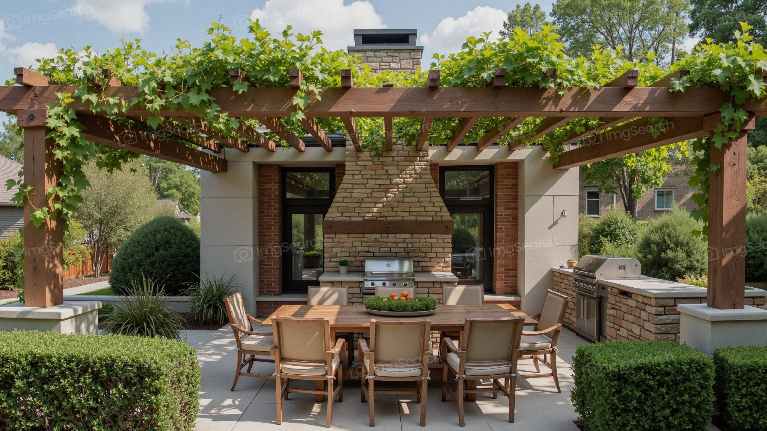 Outdoor dining area with a pergola covered in grapevines a modern kitchen setup