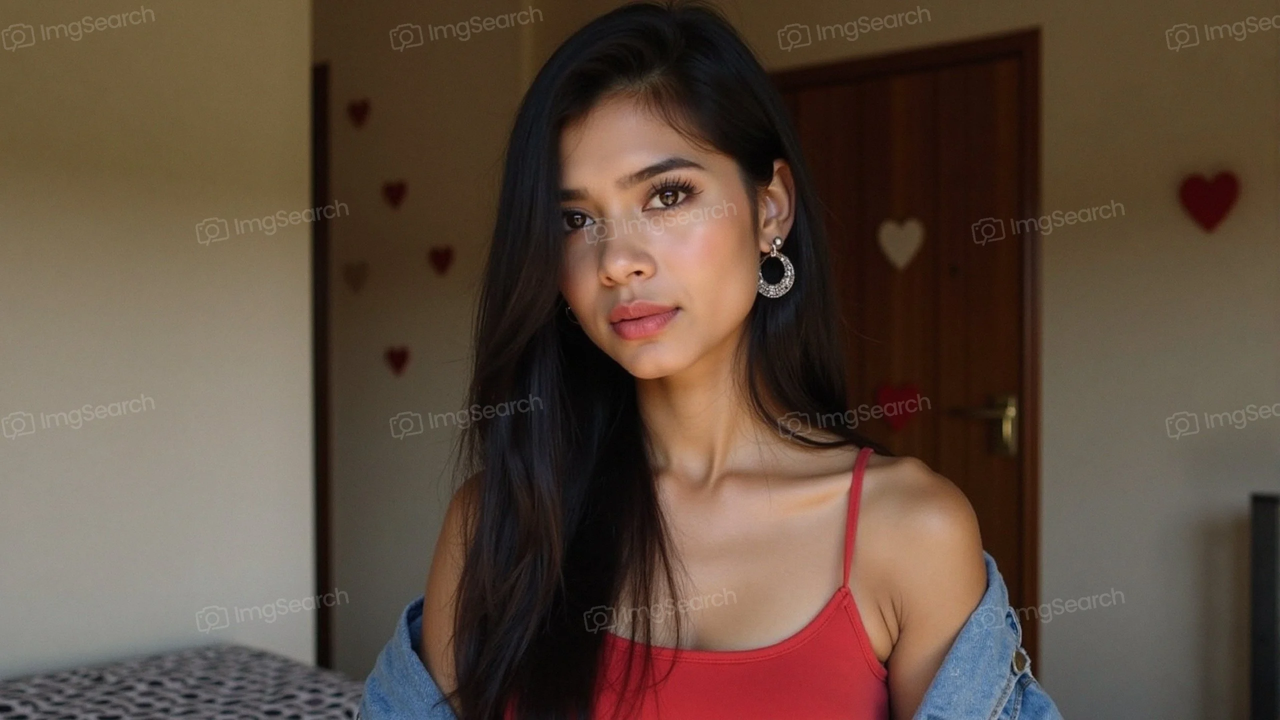 A young woman with long hair wearing a red tank top denim jacket, posing in a softly lit room.