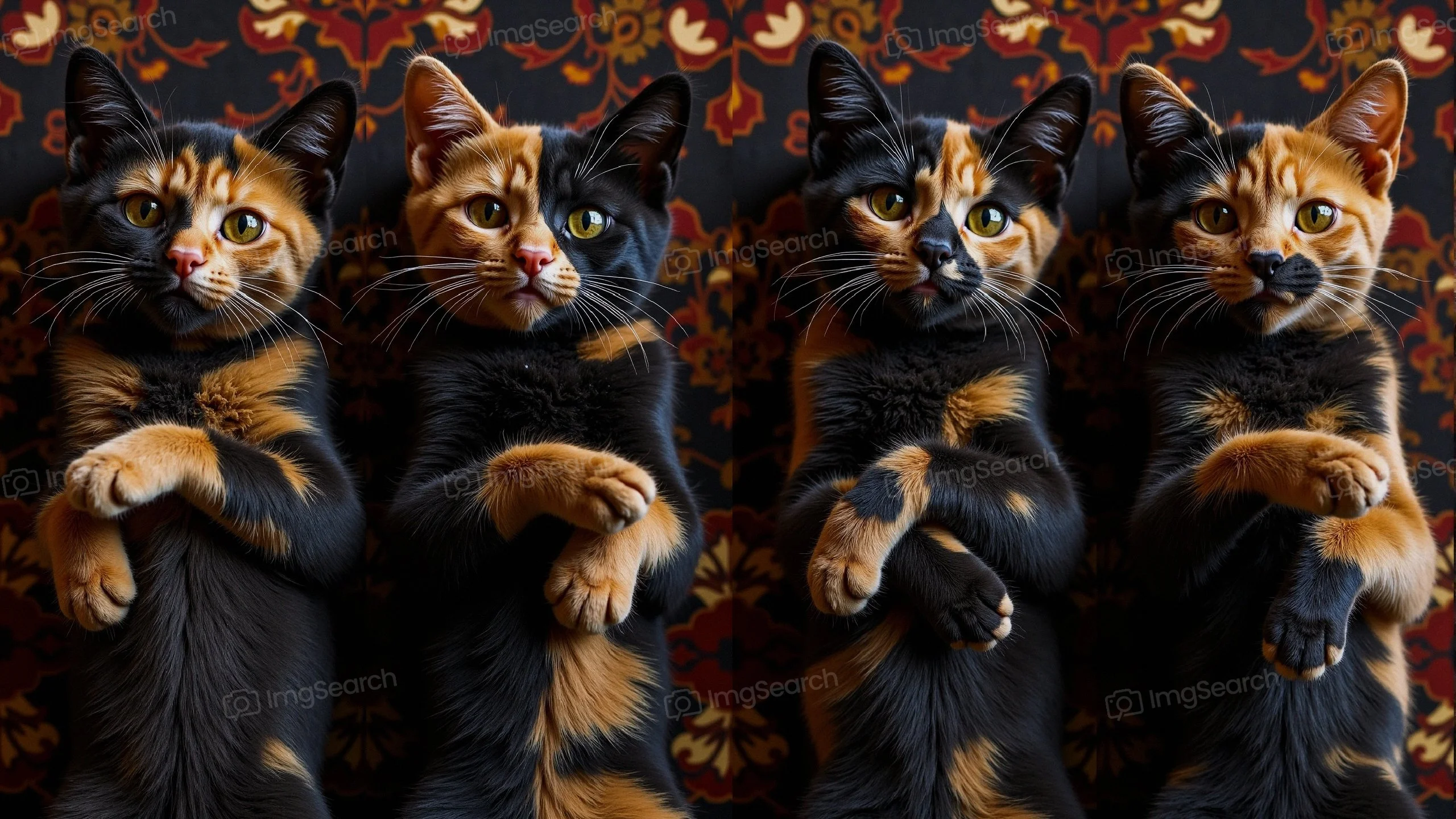 A group of four calico kittens with crossed paws against a decorative background