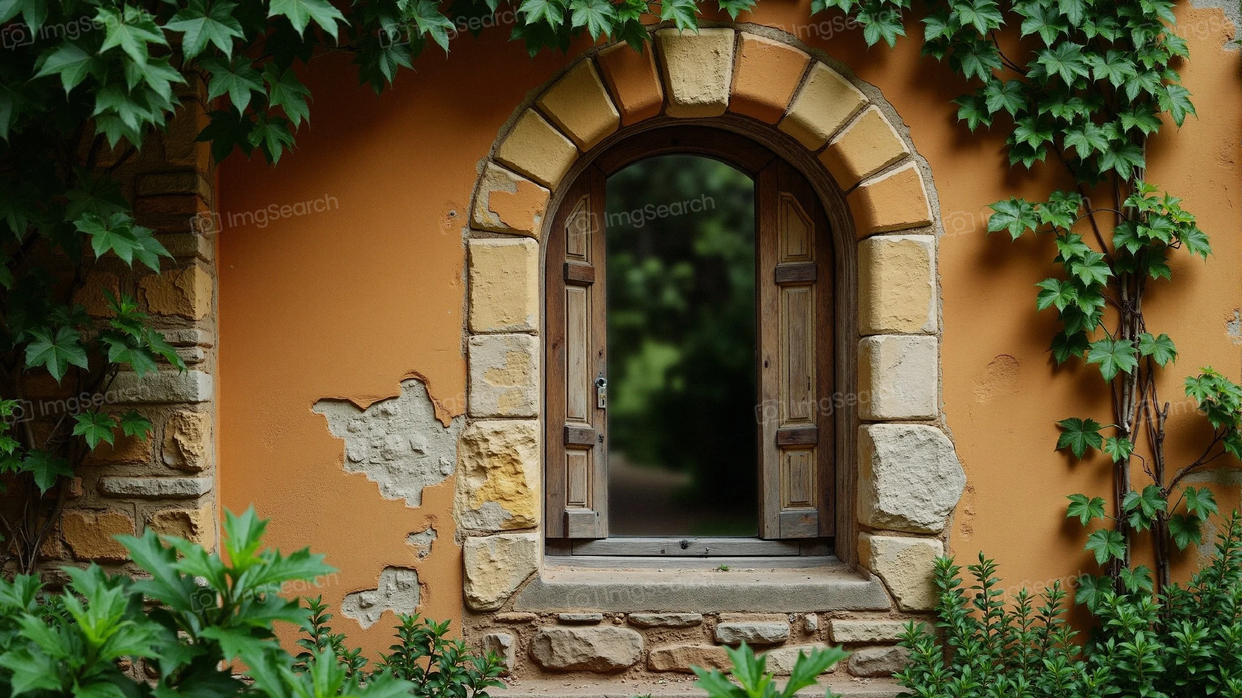 Rustic stone archway with wooden door surrounded by green ivy
