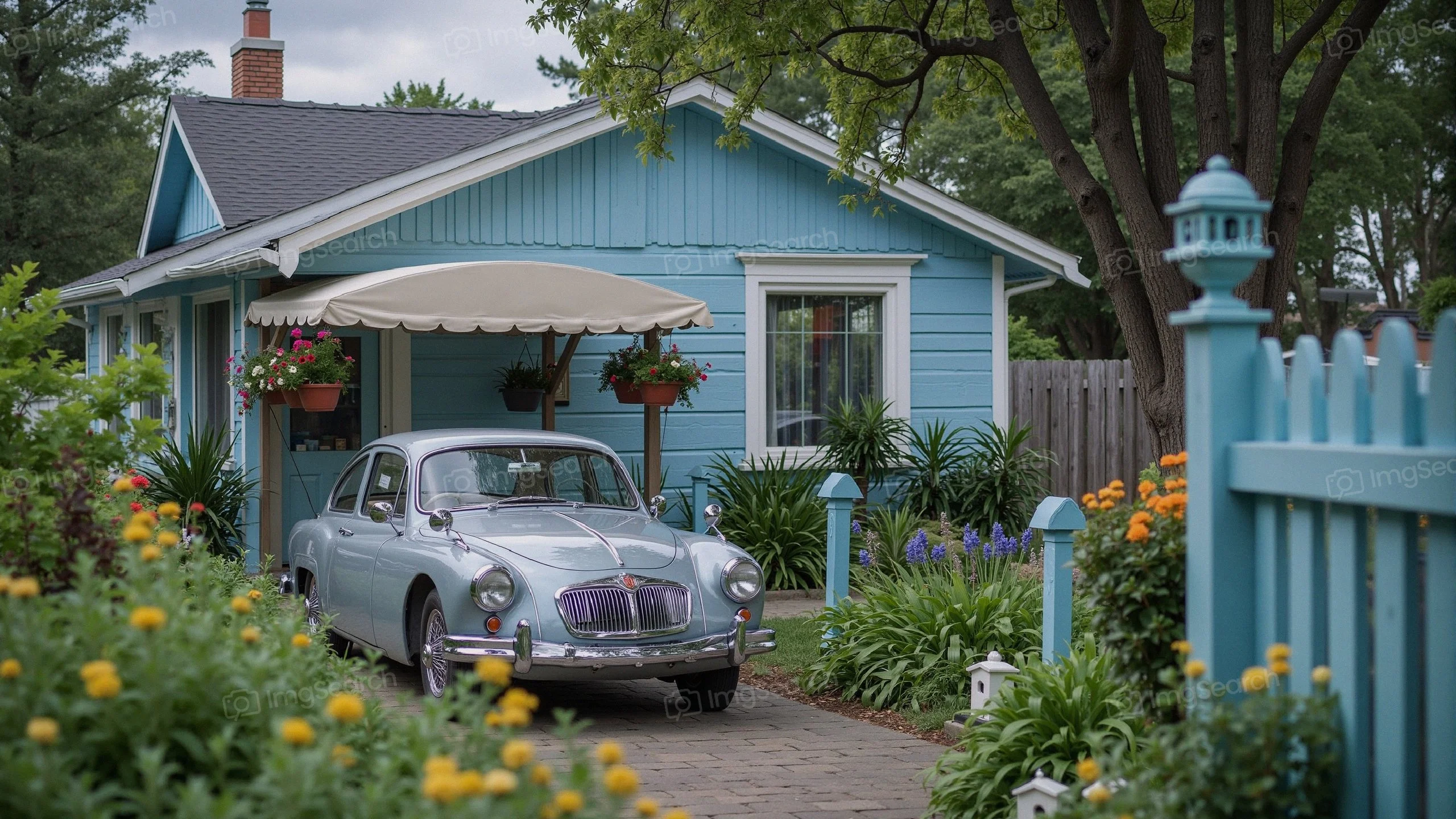 A vintage car parked in front of a blue house surrounded by a lush garden