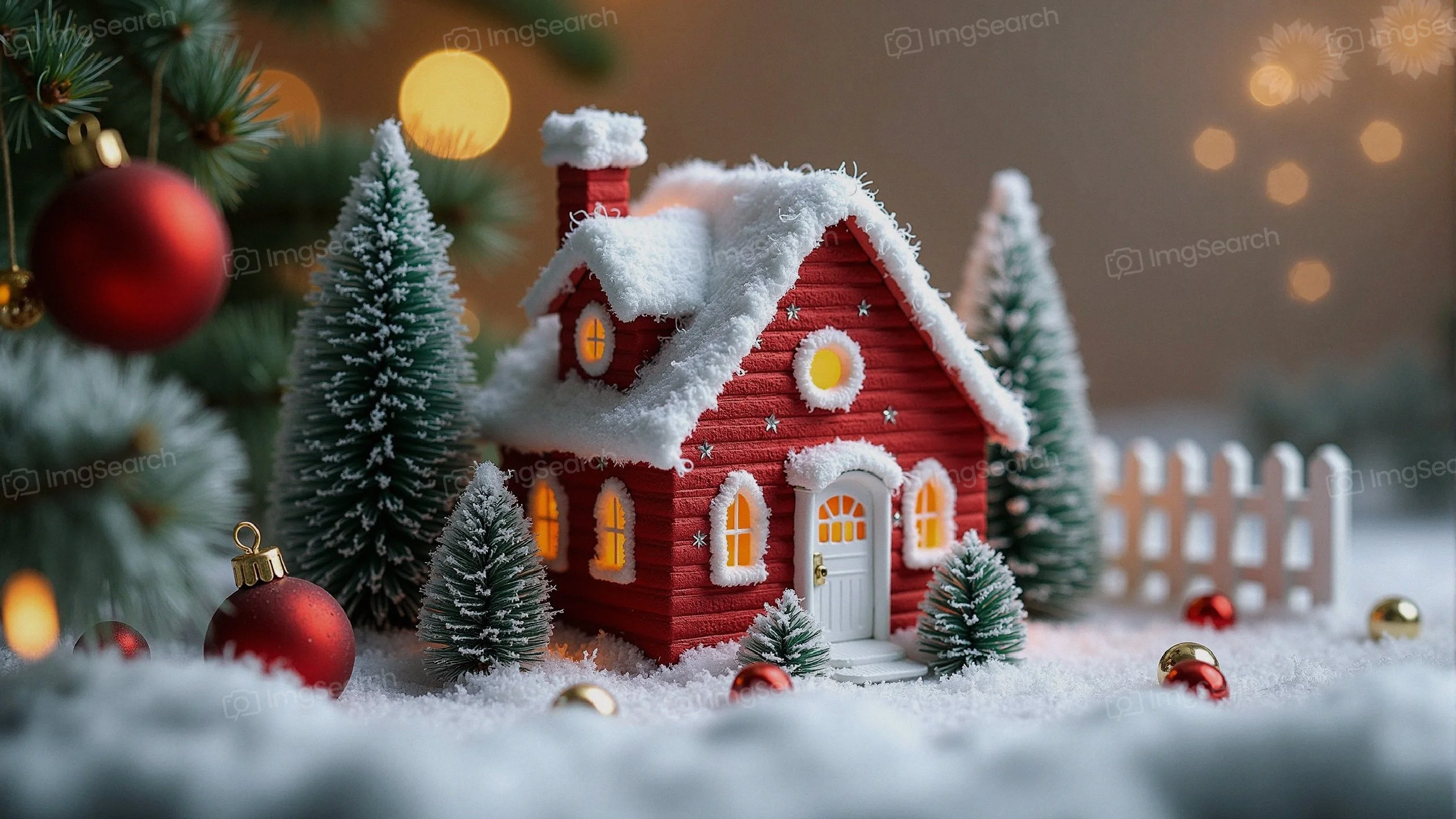 A red cottage with snow on the roof, surrounded by Christmas ornaments trees.