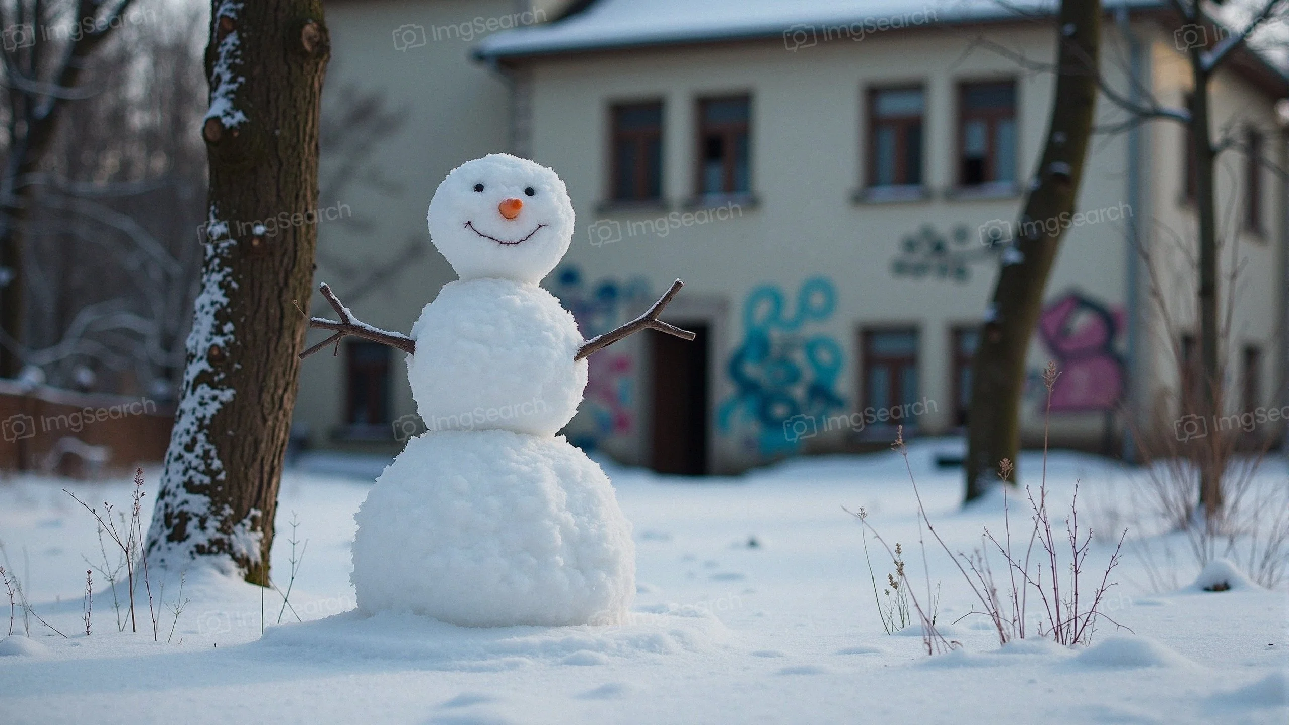 A cheerful snowman with a carrot nose twig arms stands in a snowy landscape near a graffiti-covered building.