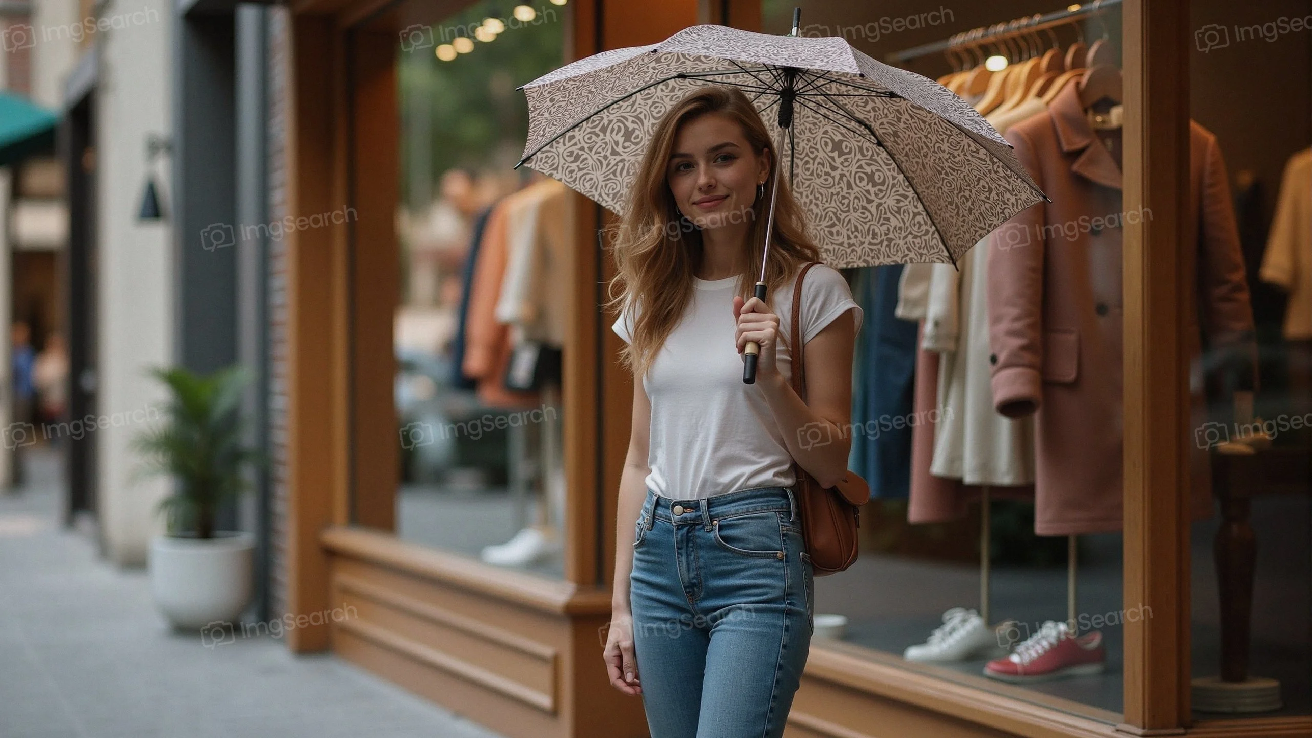 A young woman with an umbrella standing outside a clothing store
