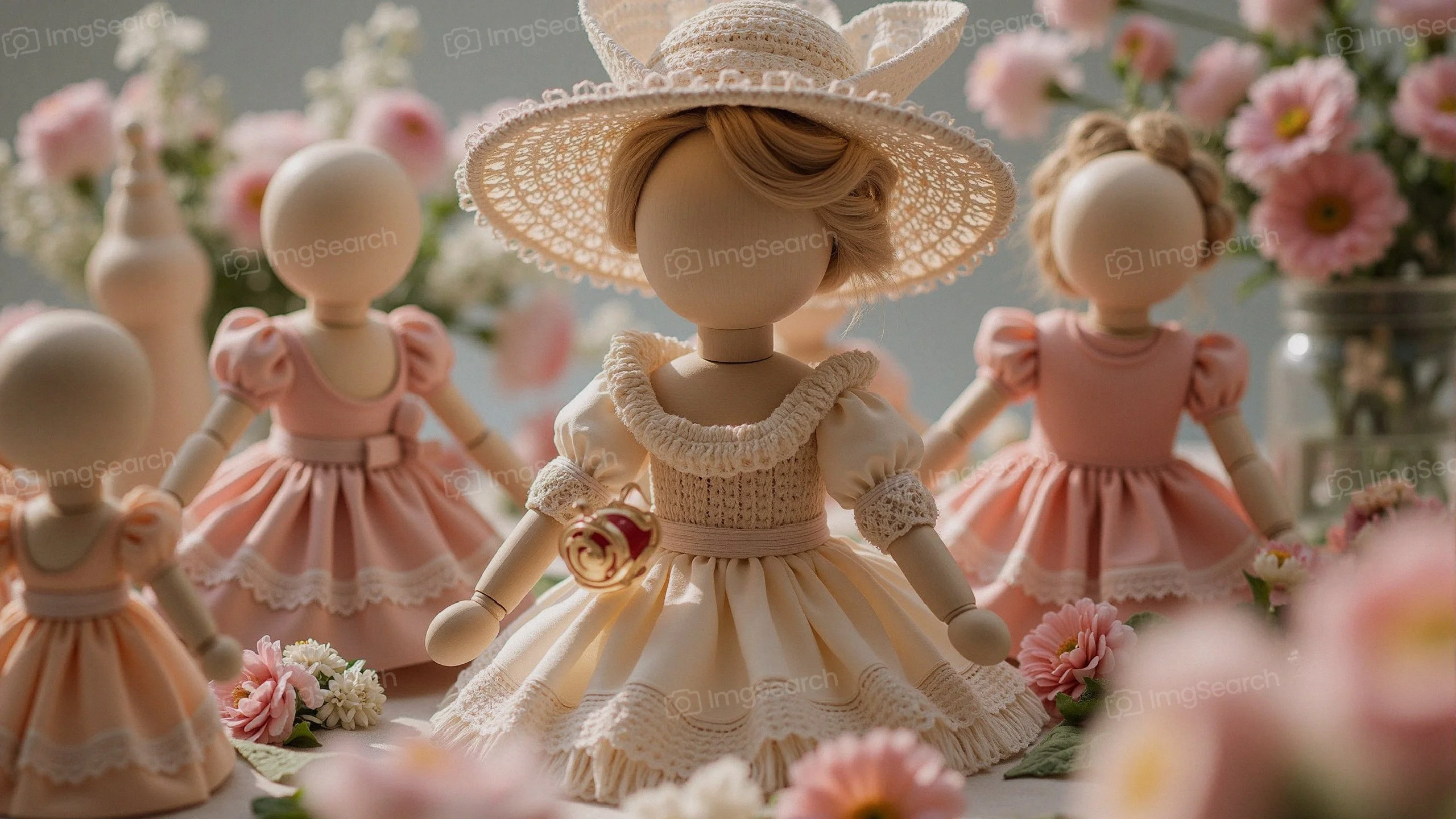 A group of wooden dolls dressed in pastel-colored outfits surrounded by flowers.