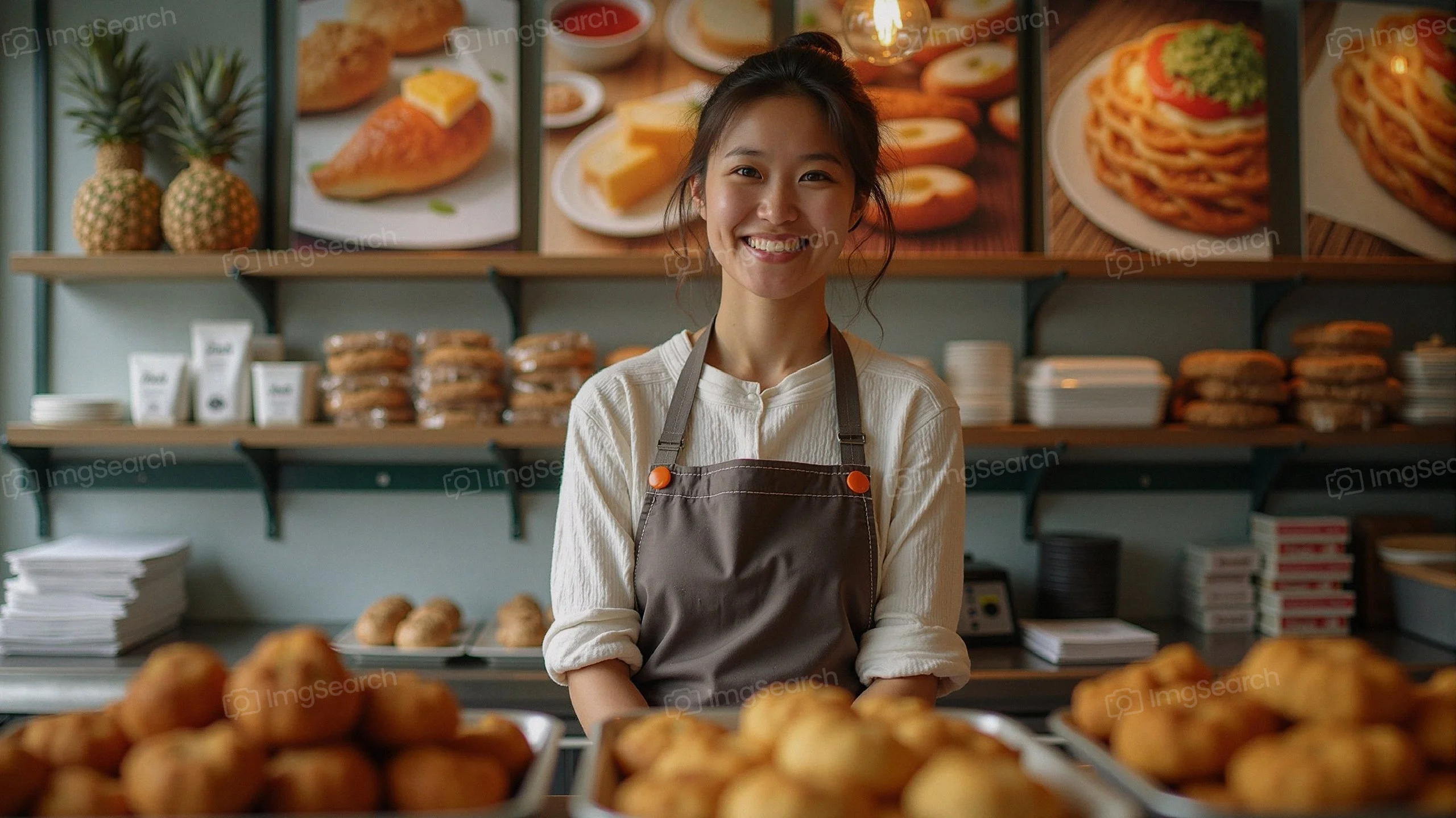 A young woman smiling in an apron in a bakery filled with various pastries.