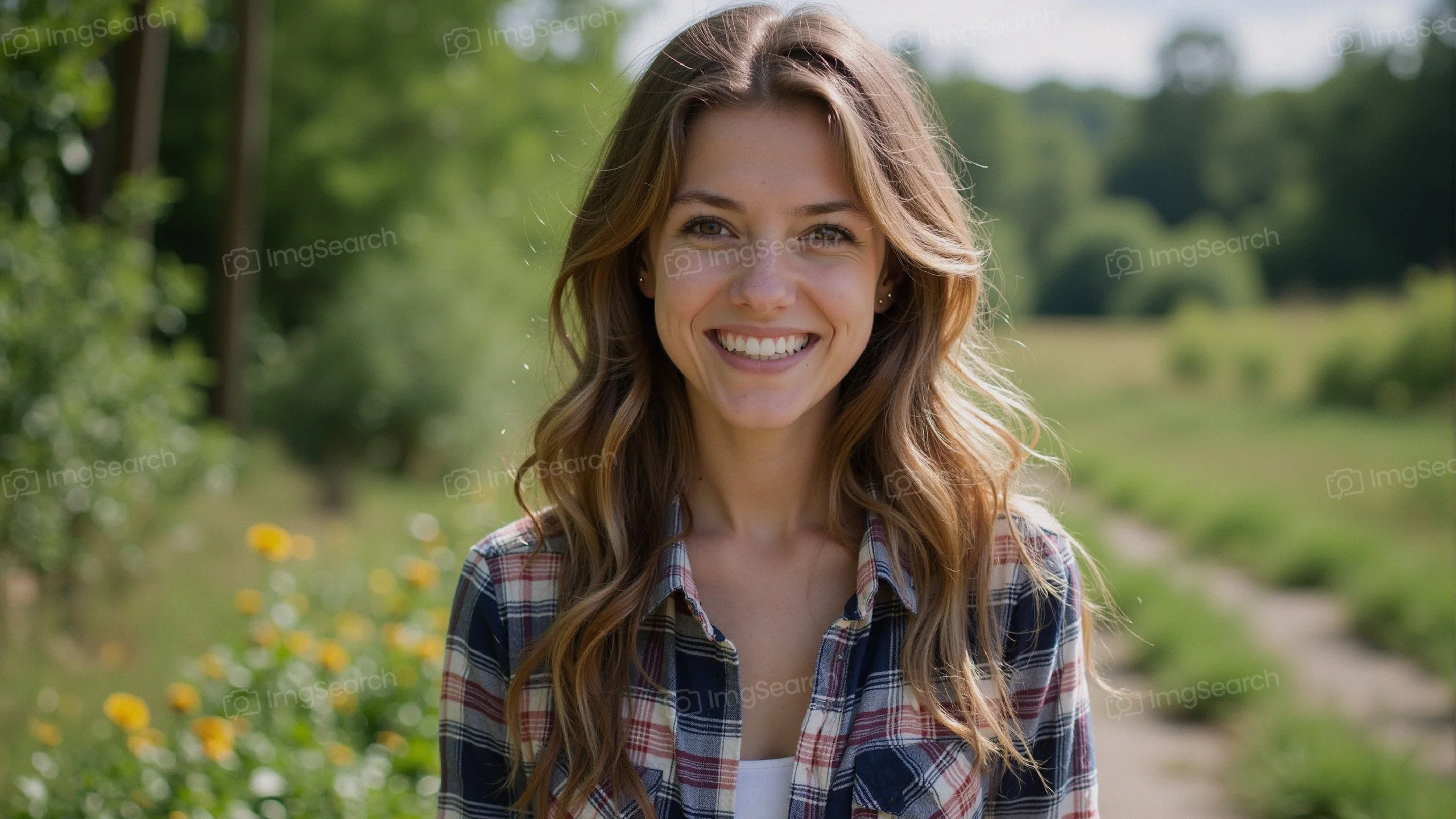 A smiling young woman with long hair standing in a field of wildflowers on a sunny day.