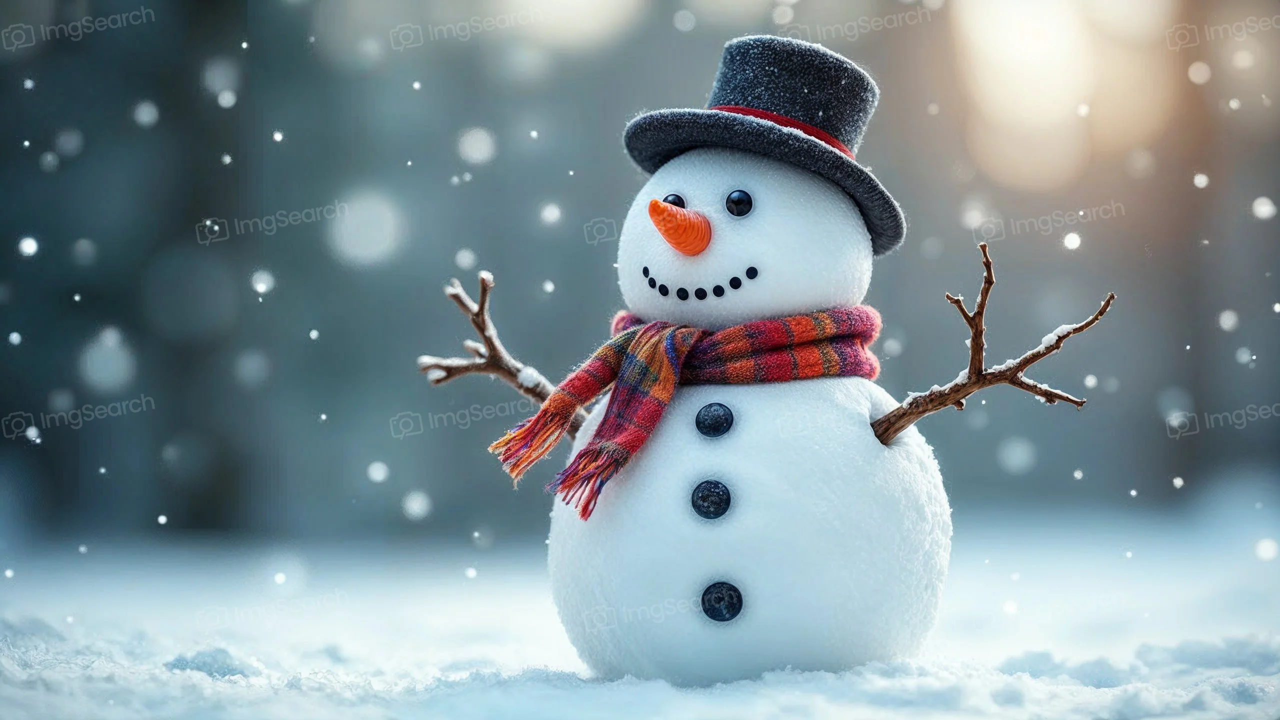 A cheerful snowman wearing a black hat and a colorful scarf in a snowy environment