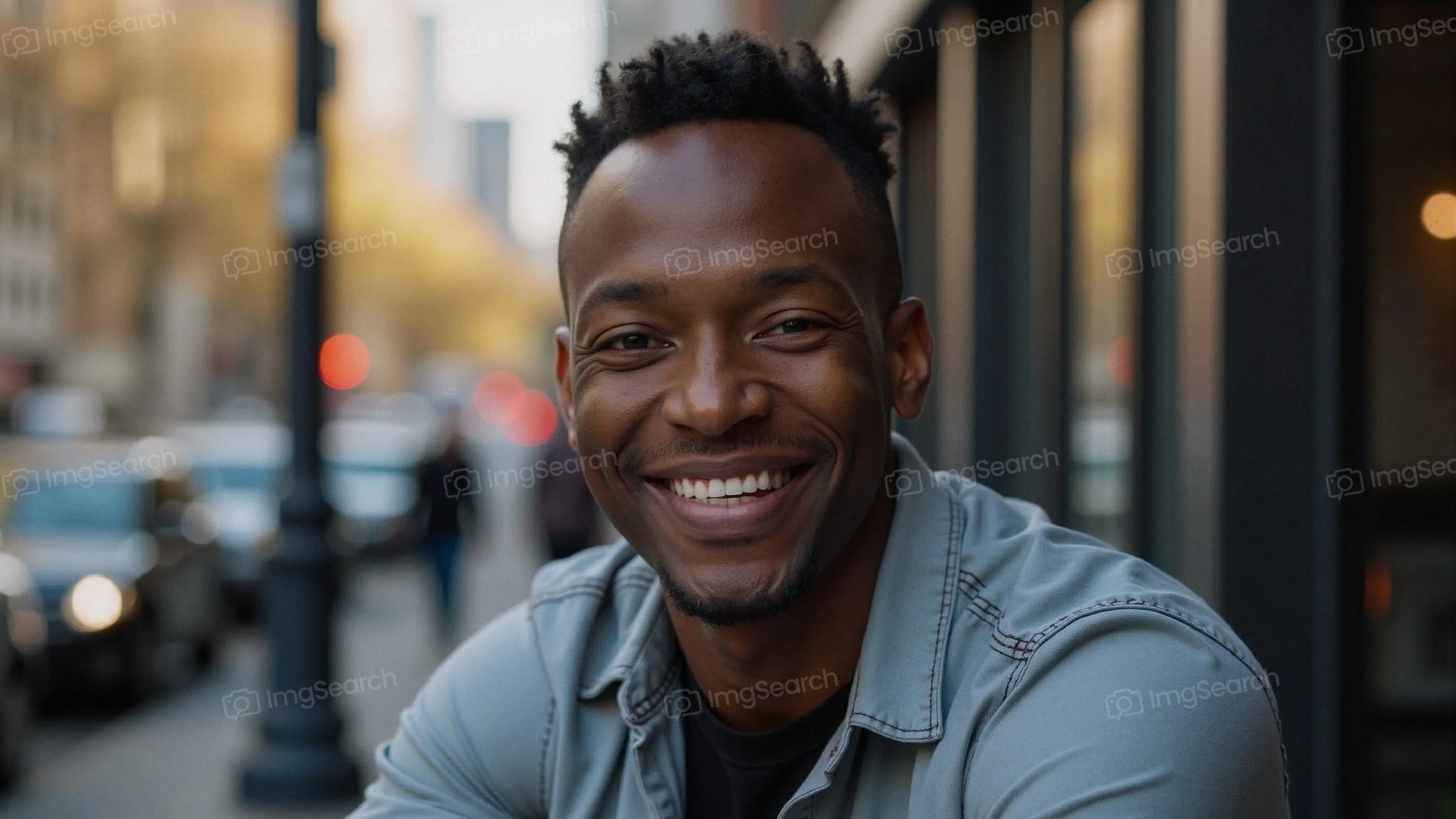 A young man smiling in a city street, showcasing a cheerful expression.