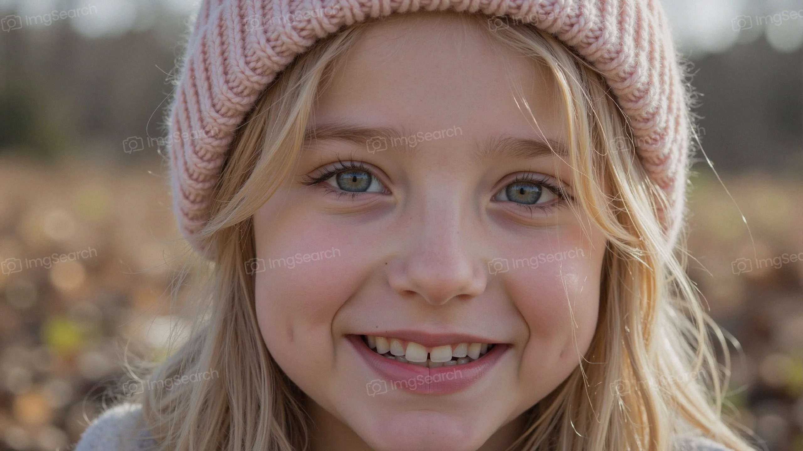 A young smiling girl wearing a pink winter hat with blonde hair.