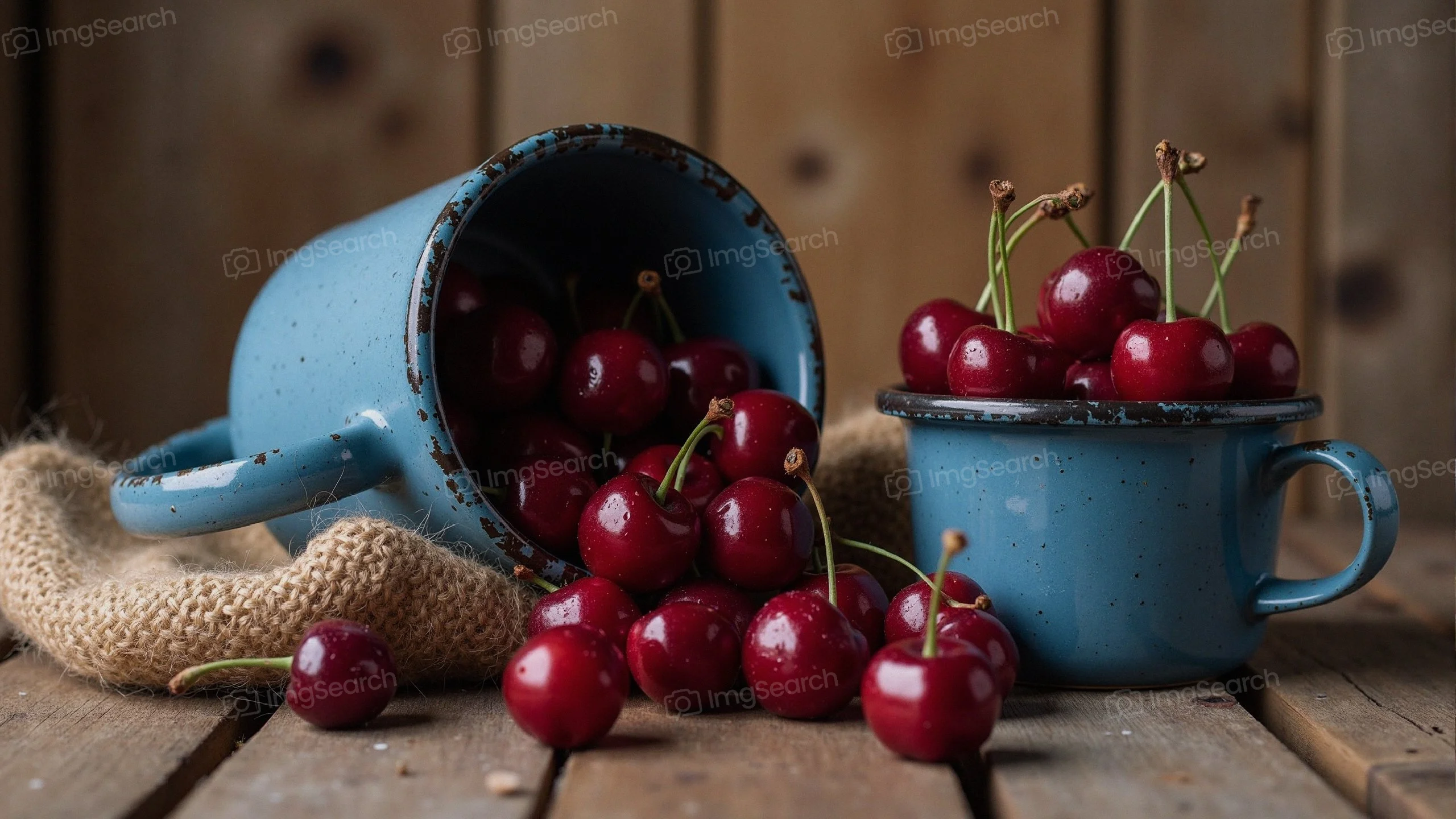 Fresh cherries spilling from a blue pot onto a wooden surface alongside a smaller blue cup.