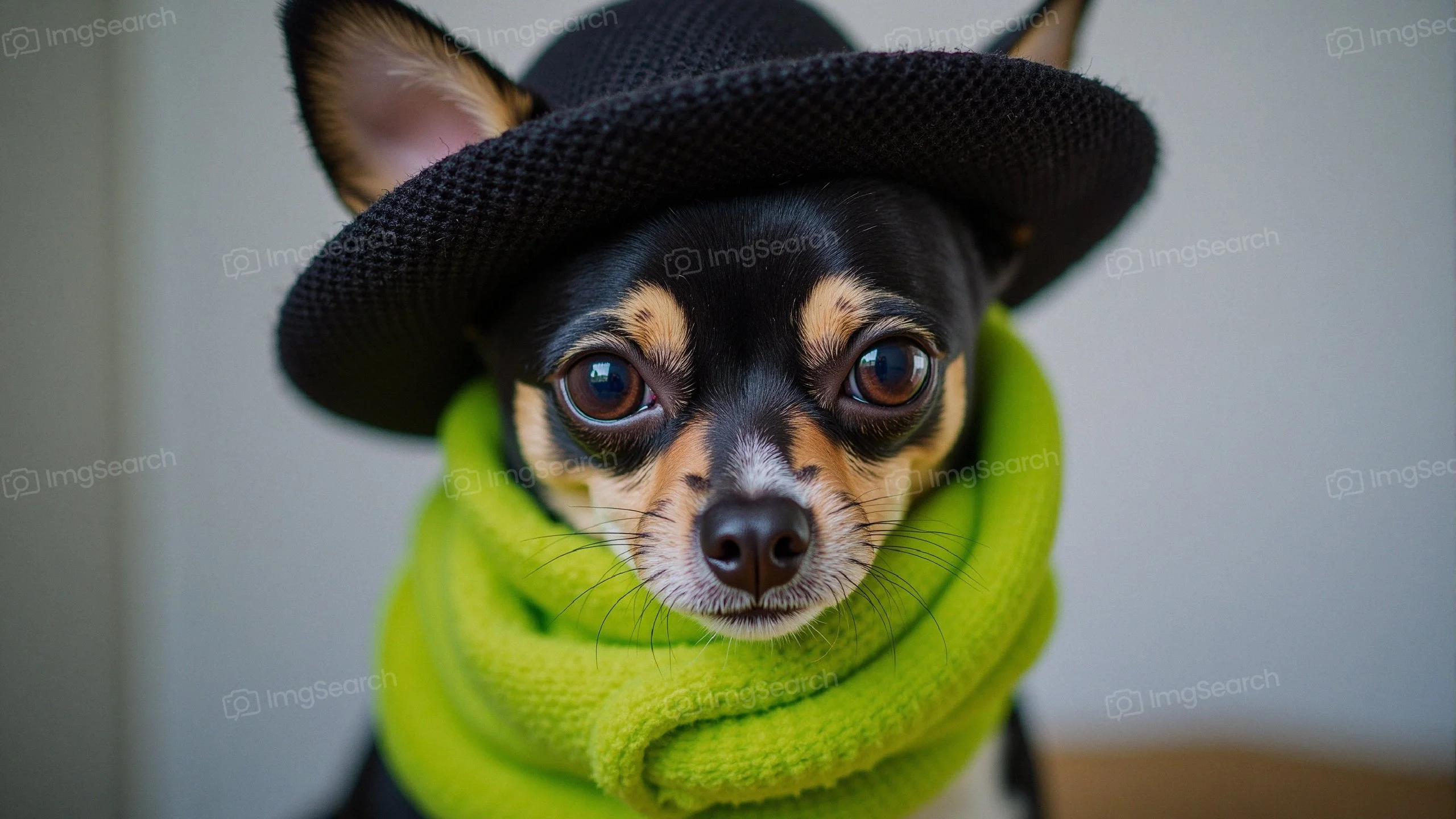 A Chihuahua wearing a black hat a green scarf, looking stylish cute.