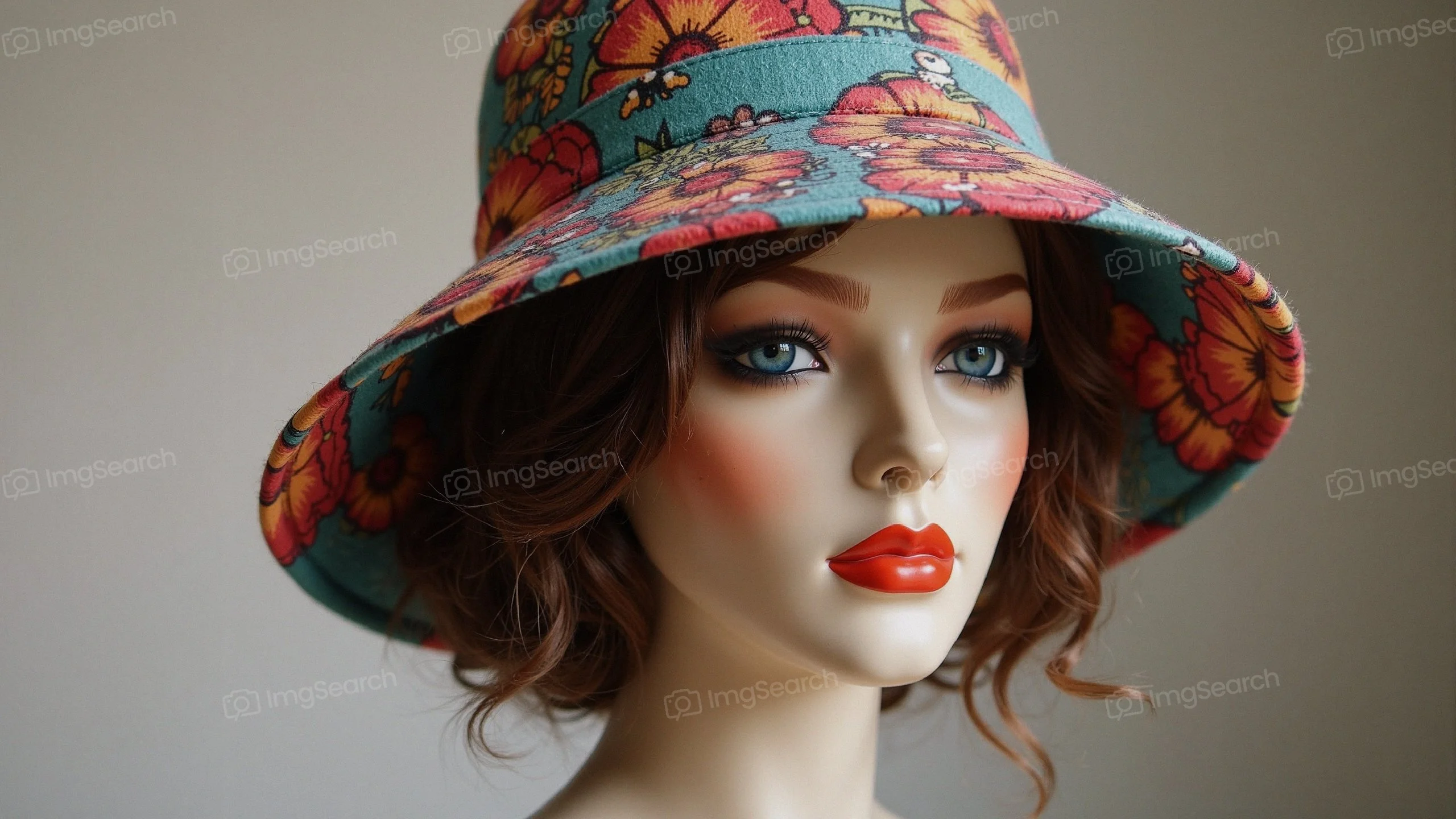 A mannequin wearing a floral patterned summer hat with a wide brim red lipstick
