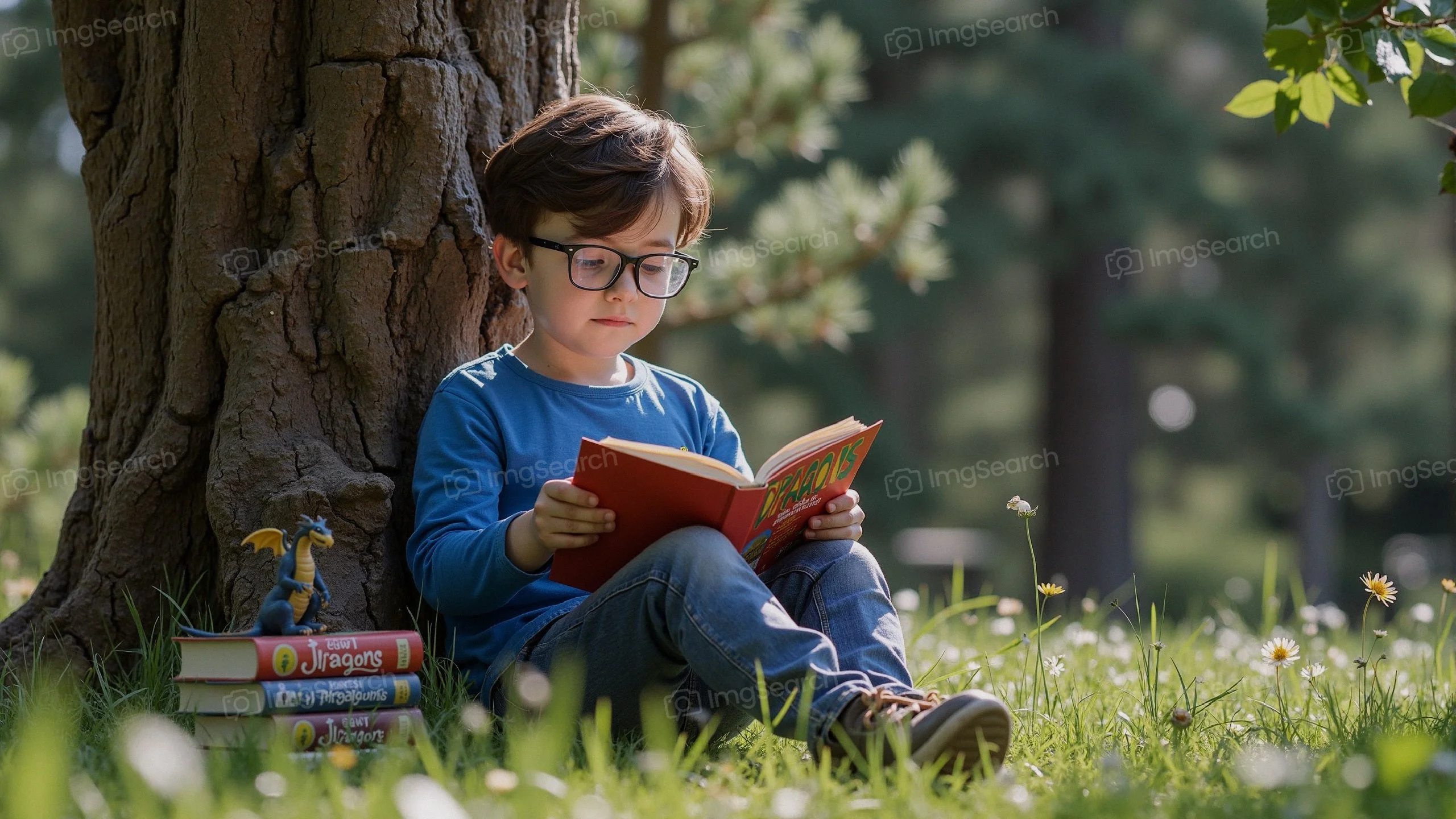 A young boy wearing glasses reading a book while sitting against a tree in a sunny outdoor setting.
