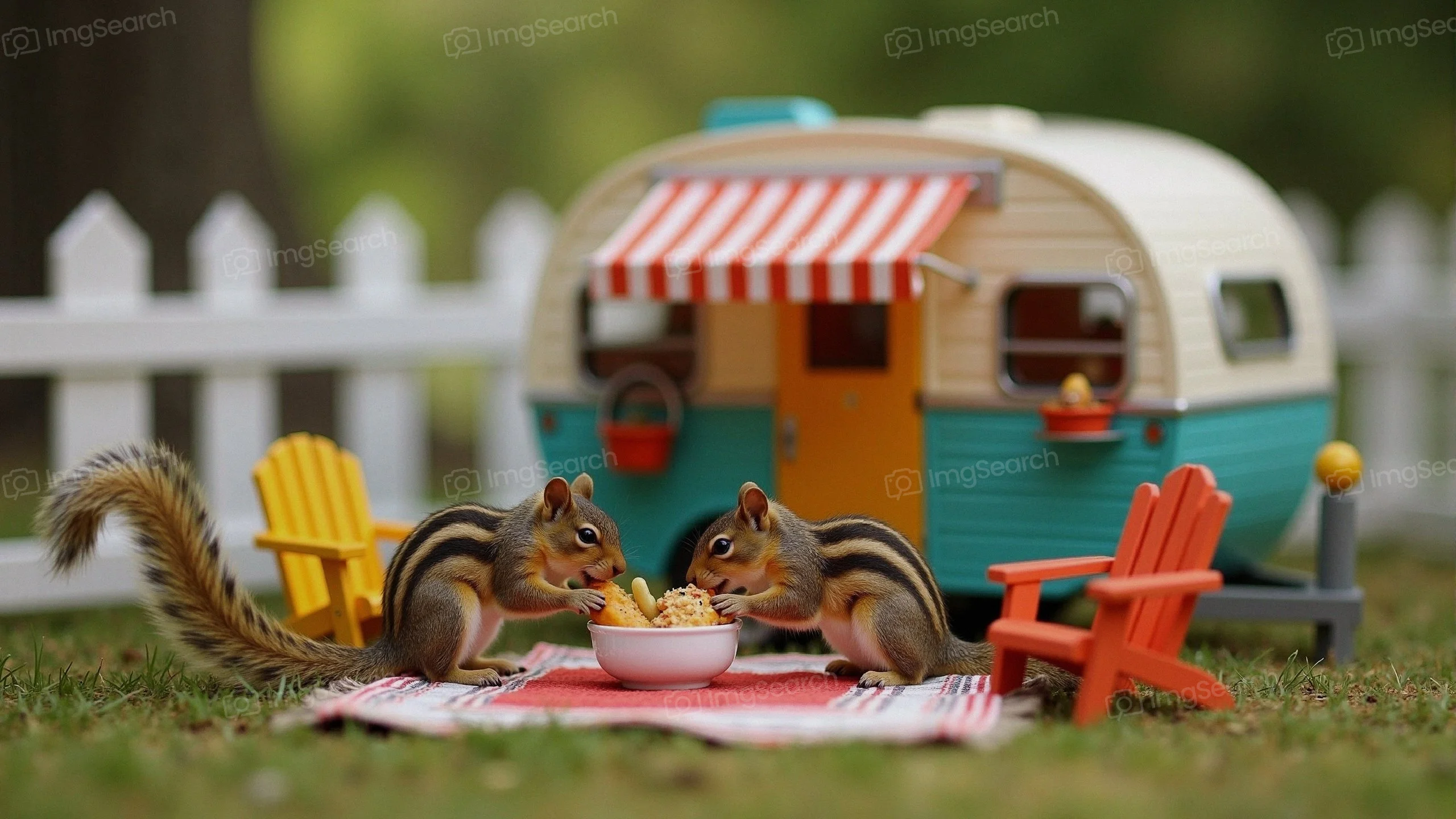 Two chipmunks eating popcorn by a colorful toy caravan