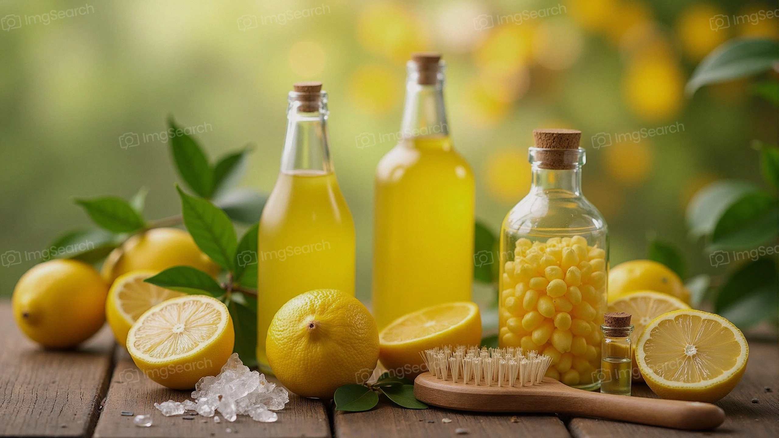 An aesthetic display of fresh lemons, glass bottles of lemon juice preserved lemons, a wooden brush on a rustic wooden surface with a soft-focused green background.