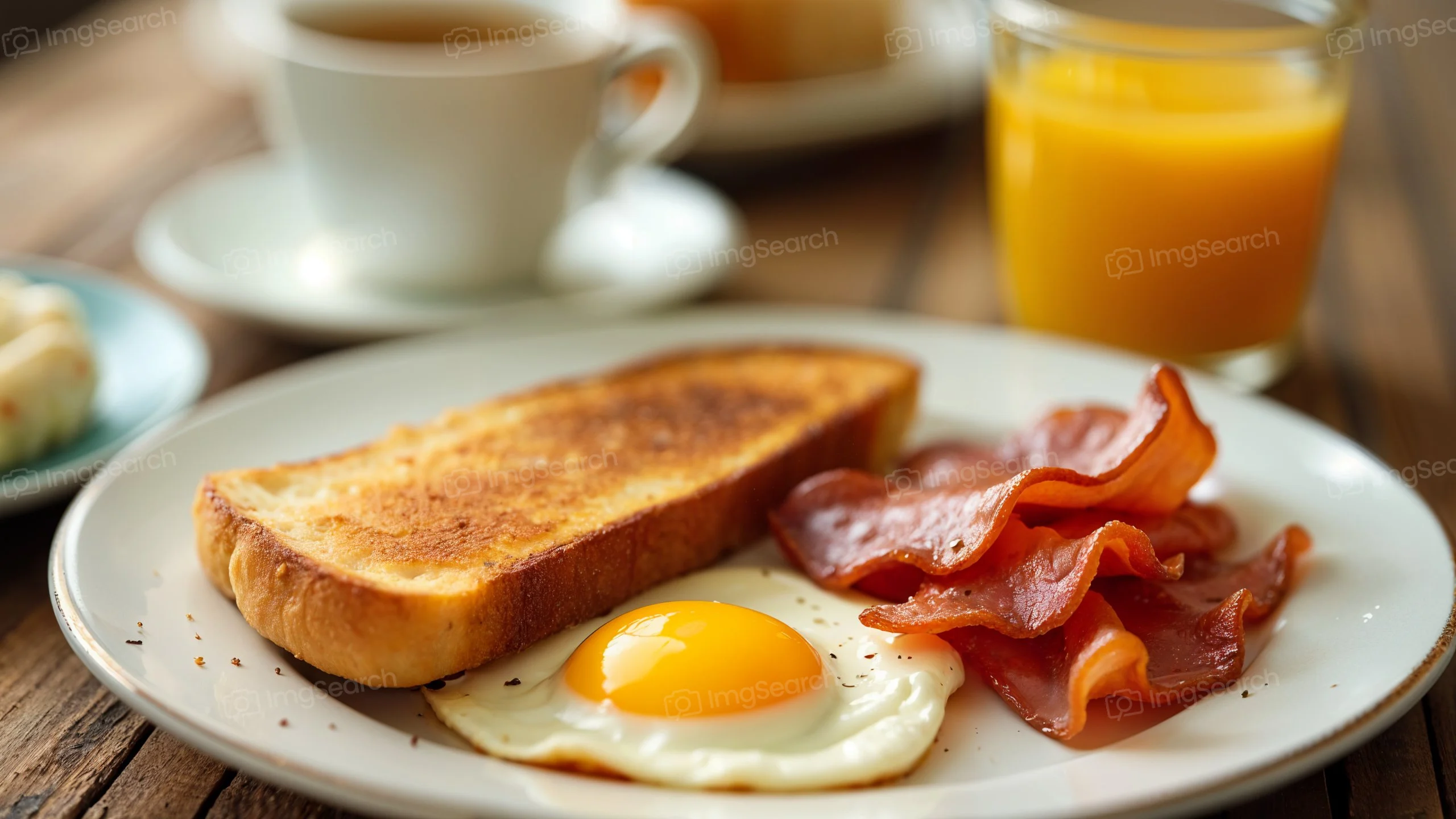 A plate of breakfast with toast, egg, and bacon alongside a glass of orange juice