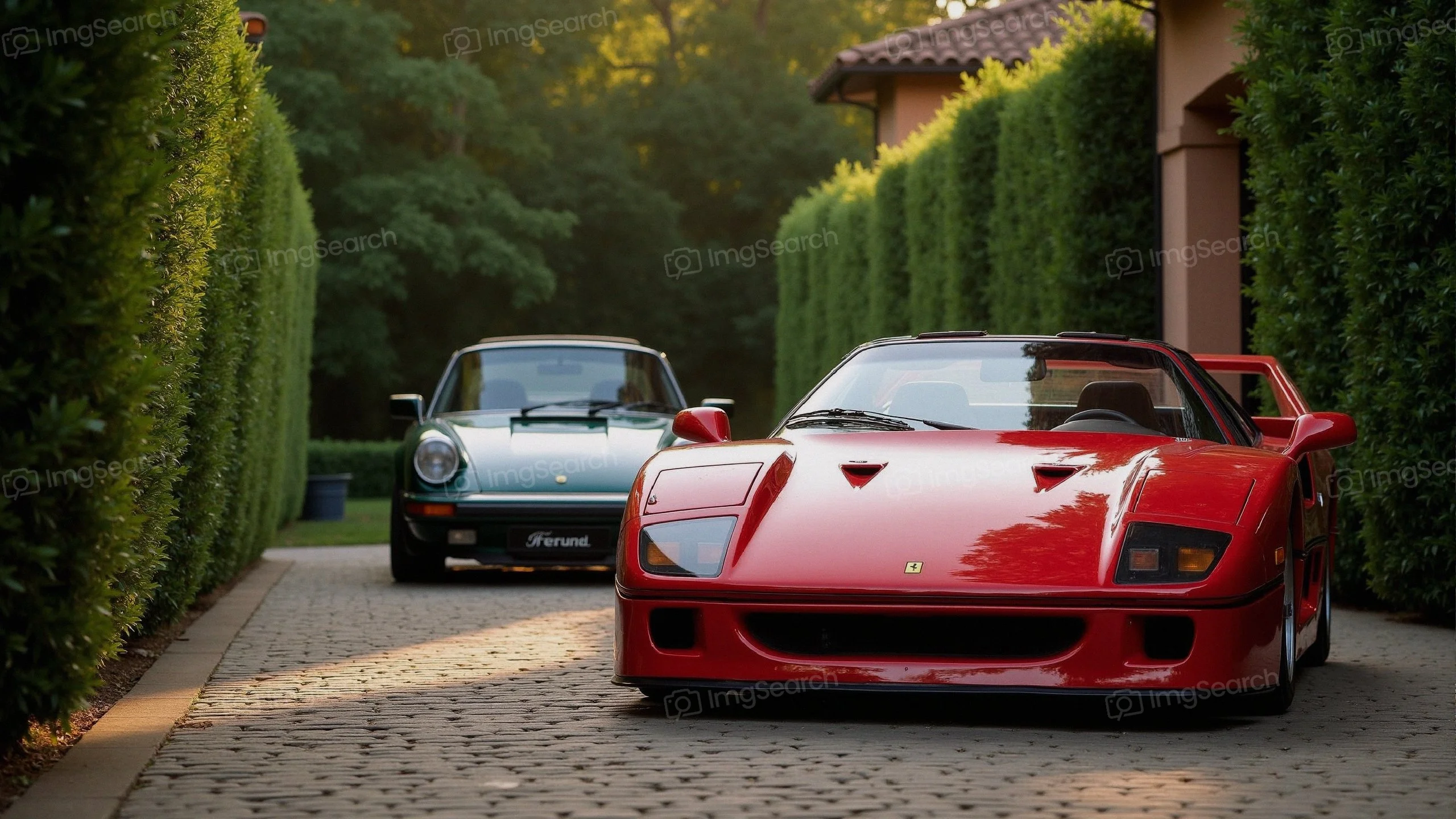 A red Ferrari F40 in the foreground with a vintage Porsche in the background, surrounded by green hedges