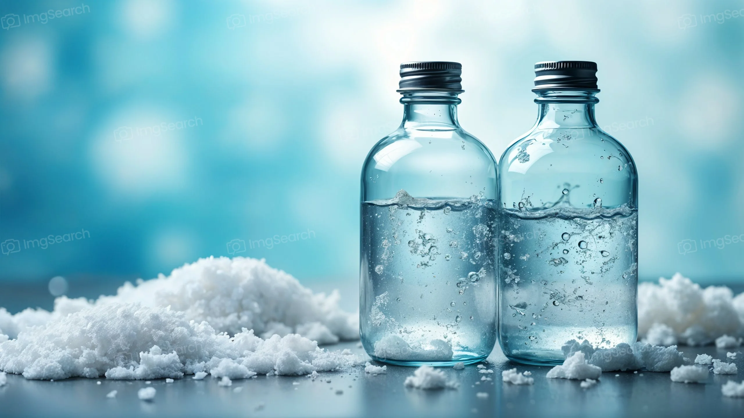 Two glass bottles filled with water and surrounded by salt on a blurred blue background