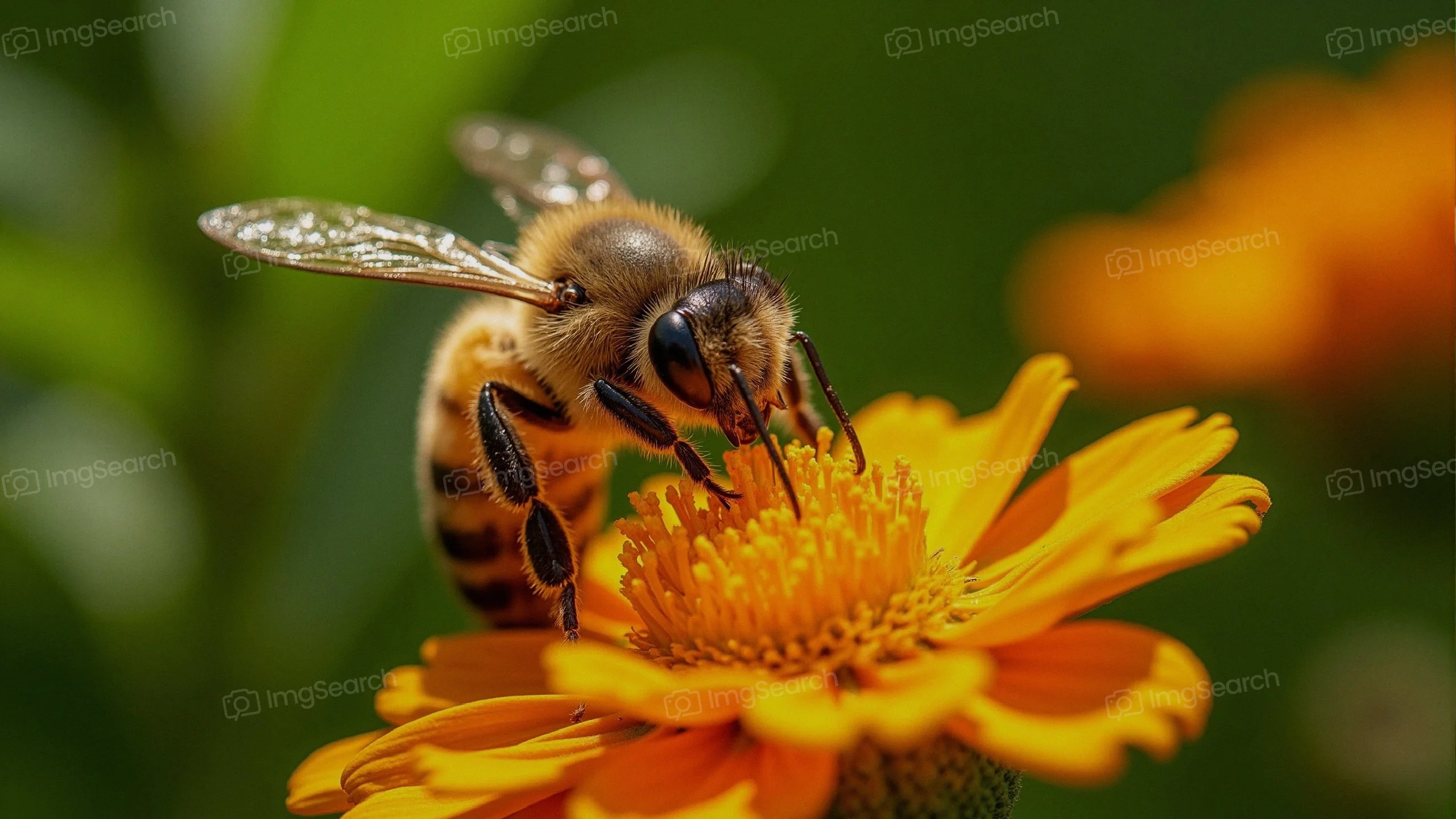 Close-up image of a honey bee on an orange flower collecting nectar