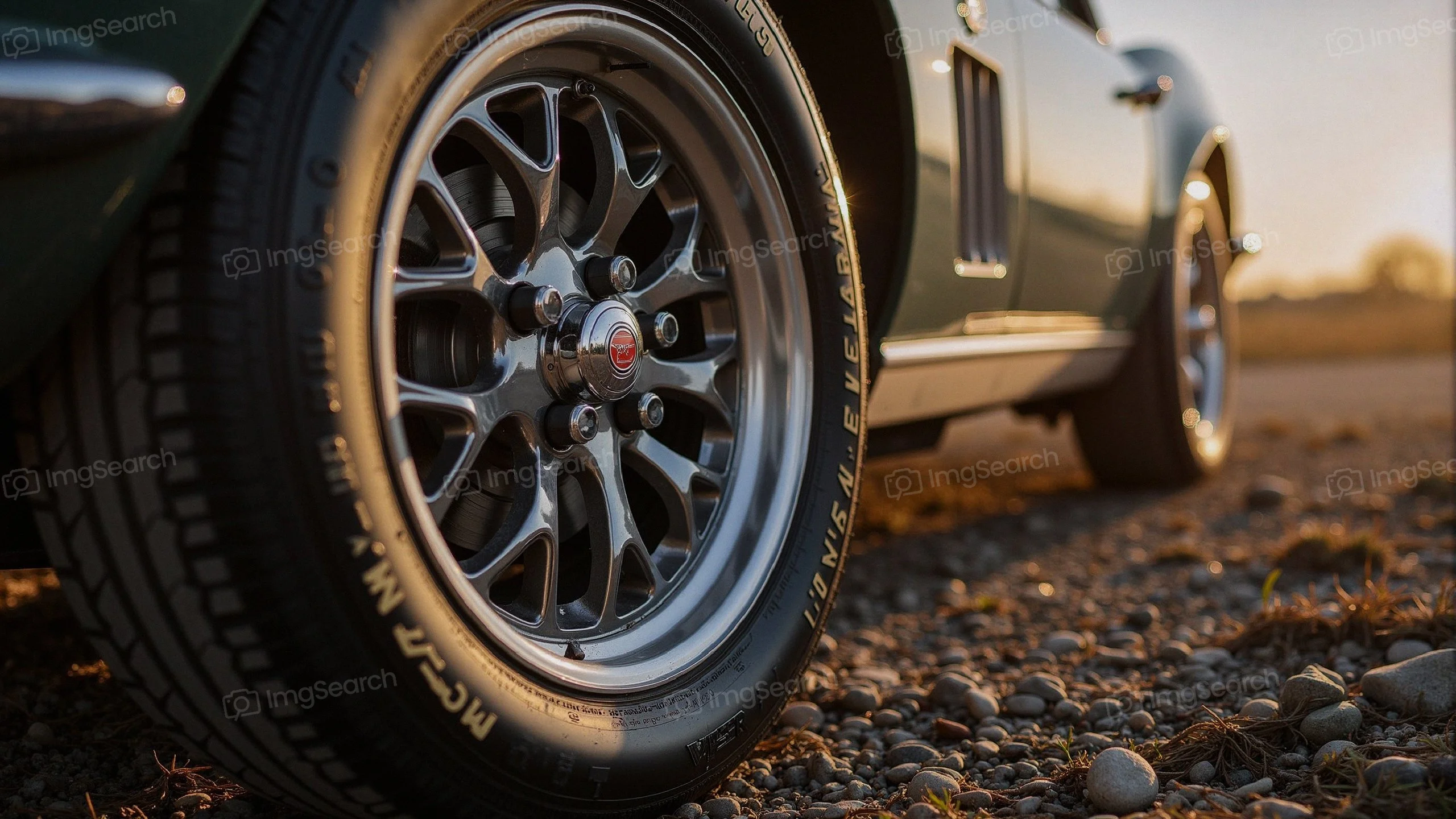 Close-up view of a classic car wheel tire on a gravel surface