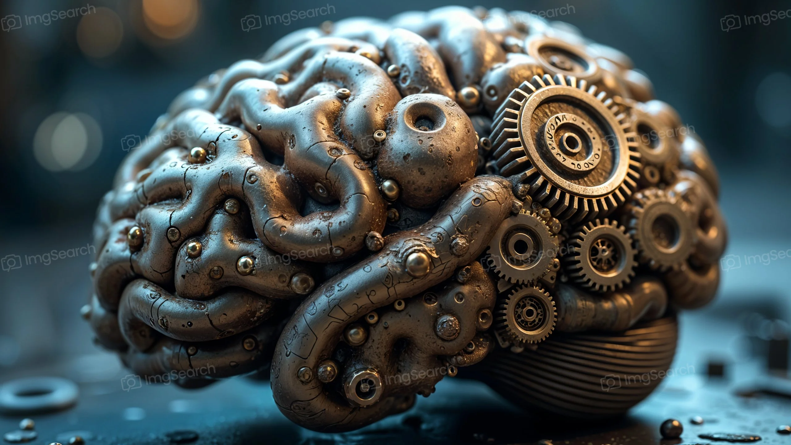 A metallic brain intertwined with gears and mechanical components, illustrating a fusion of technology and cognition.