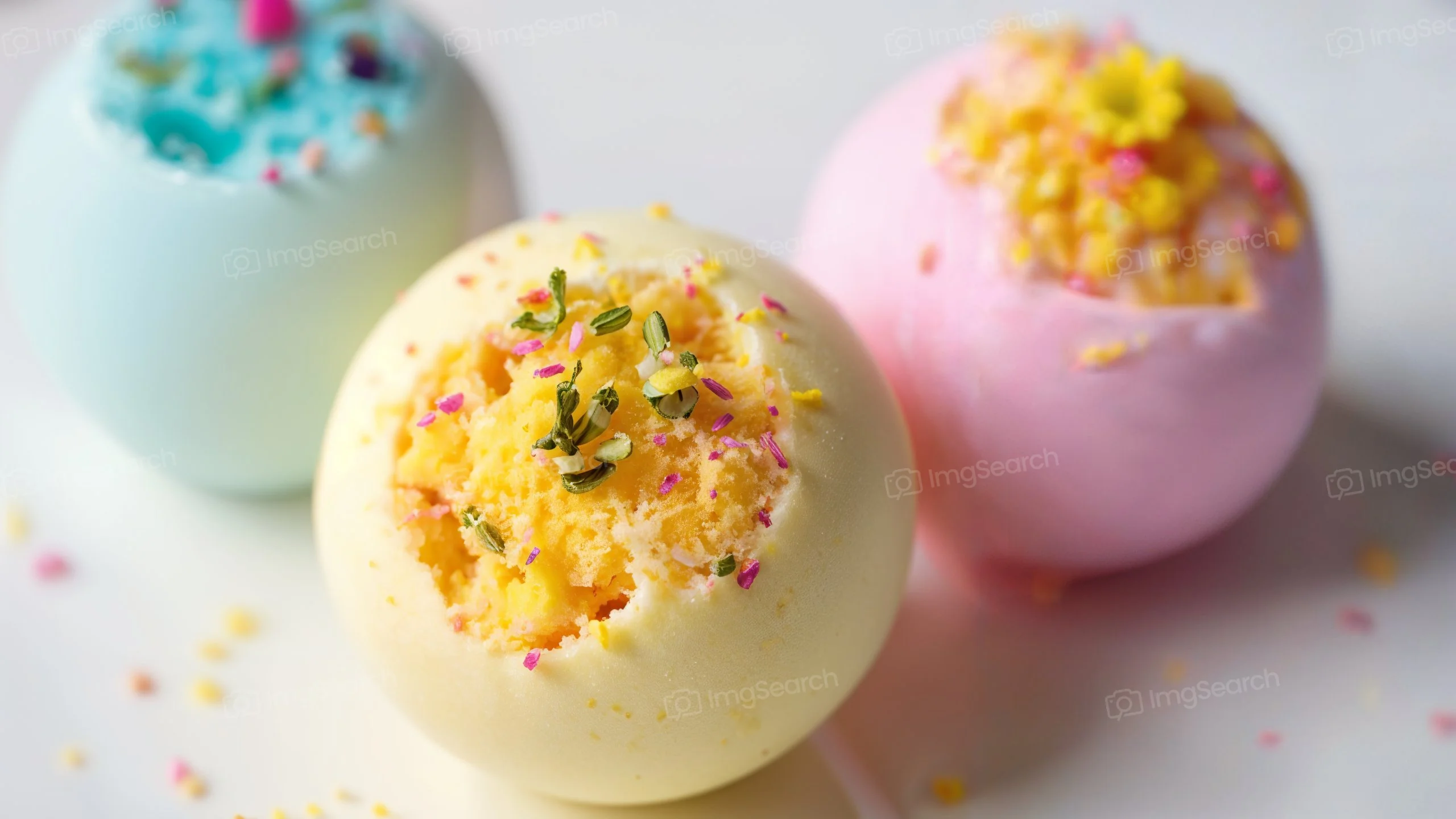 Three pastel-colored bath bombs with decorative toppings on a white background