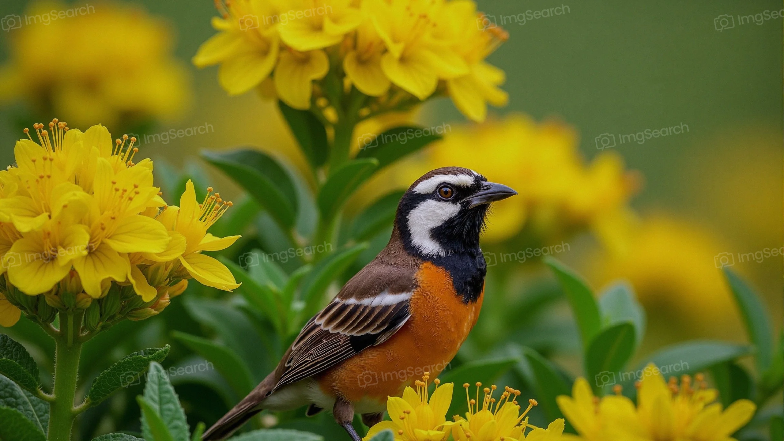 A colorful bird standing next to yellow flowers