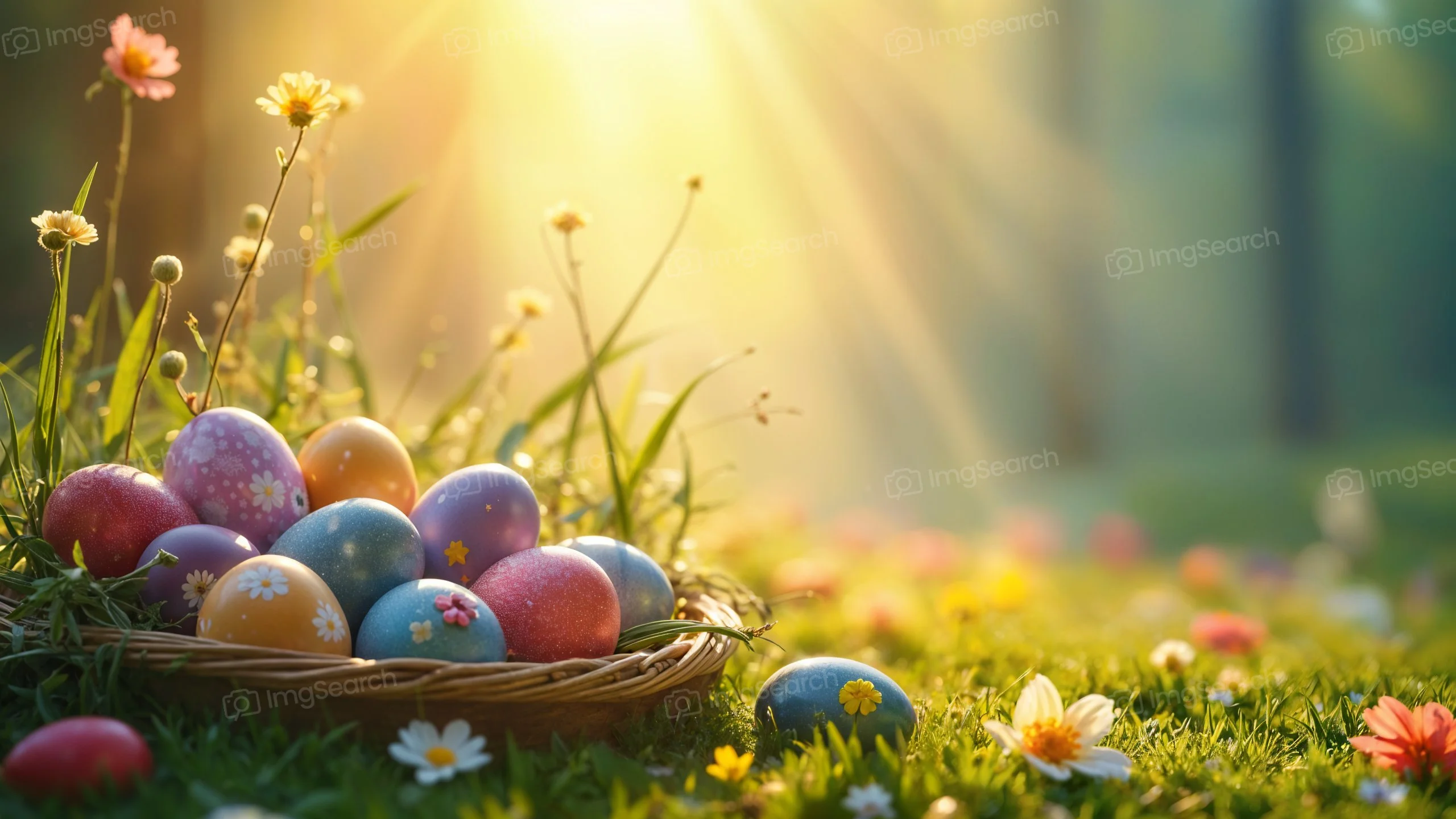 A basket of colorful Easter eggs placed on green grass with flowers, glowing in sunlight