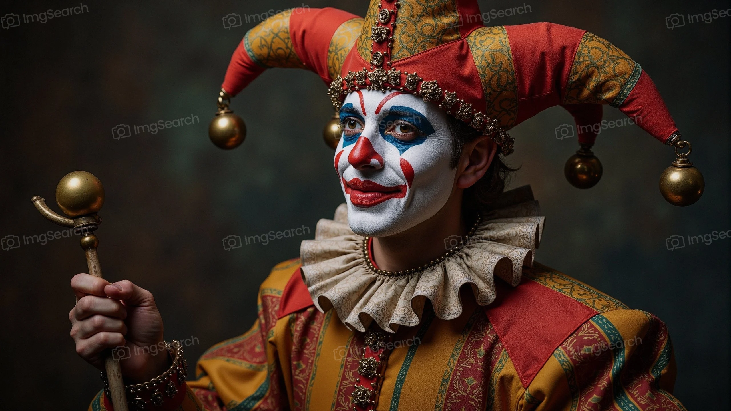 Harlequin clown with colorful costume face paint holding a scepter