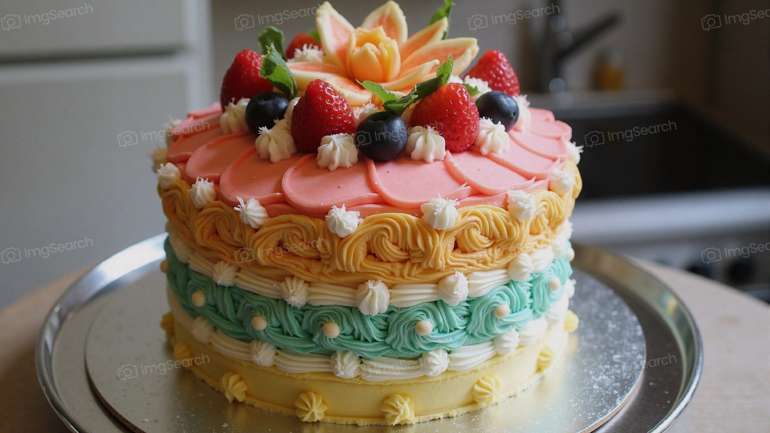 A colorful layered cake topped with strawberries, blueberries, a flower decoration.