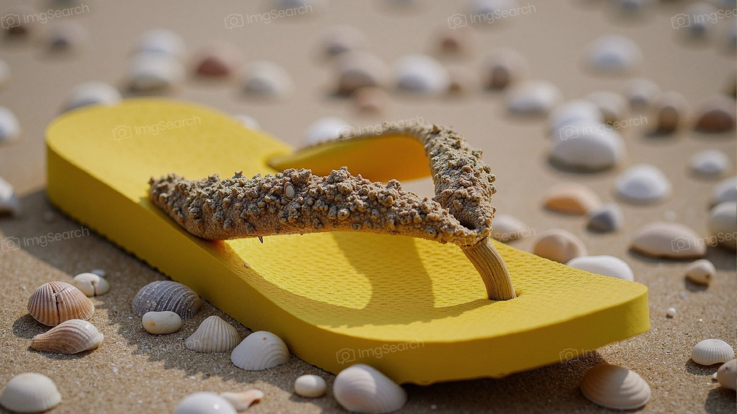 A yellow flip flop with a sandy texture on a beach covered in seashells