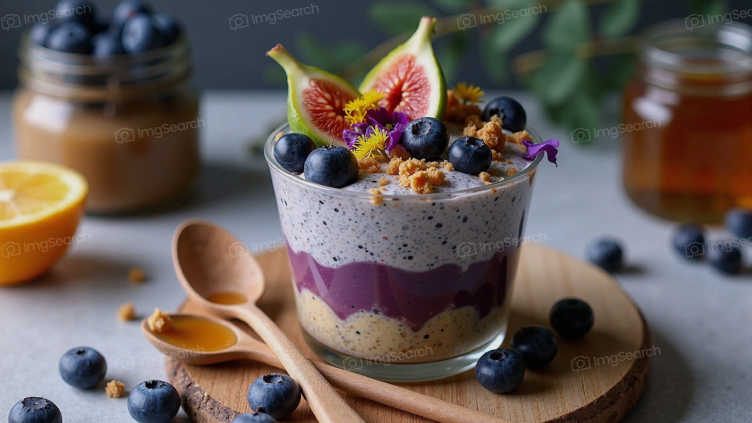 A colorful superfood parfait layered with yogurt, chia seeds, topped with figs blueberries