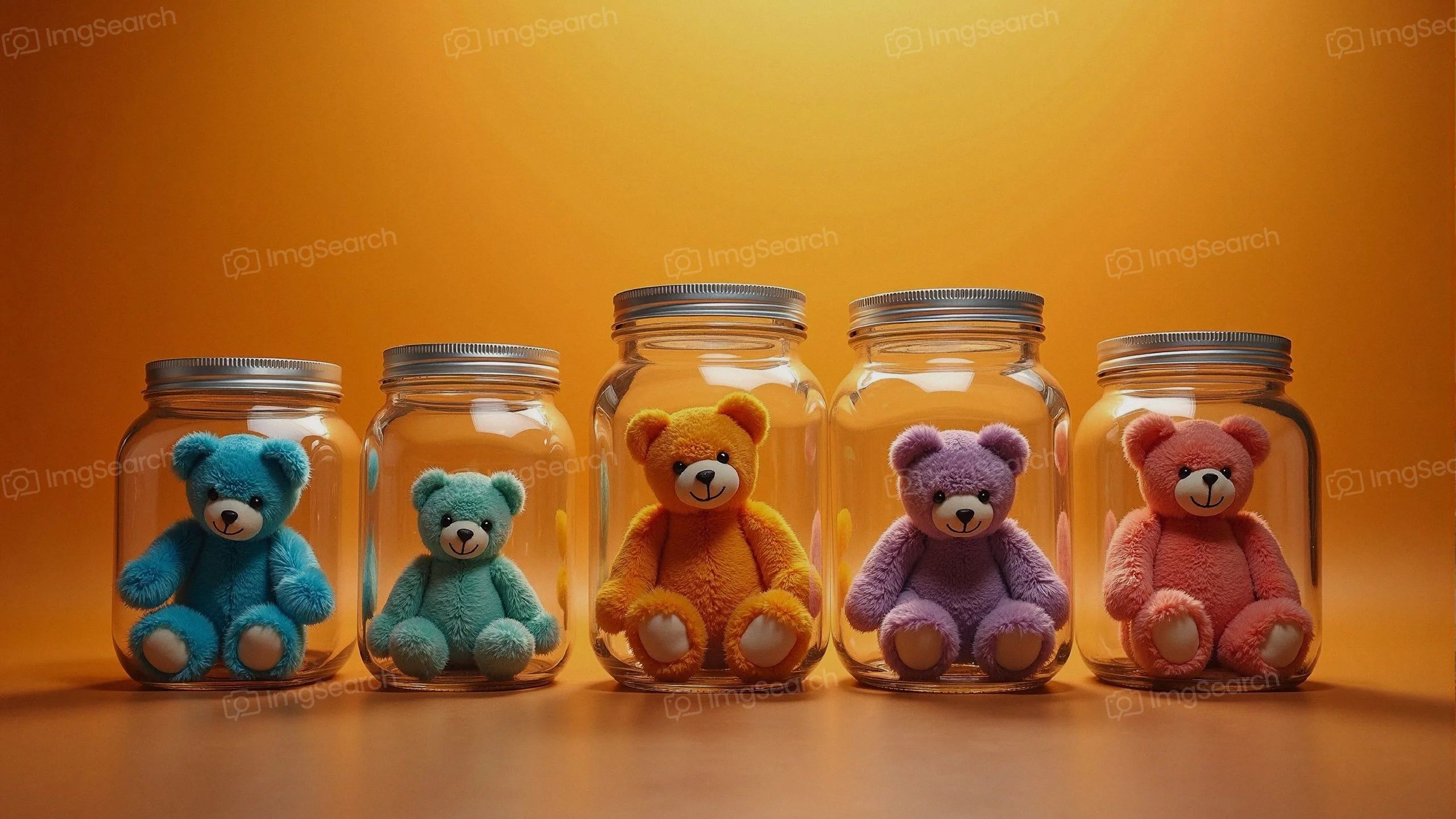 Five colorful teddy bears in glass jars on an orange backdrop.