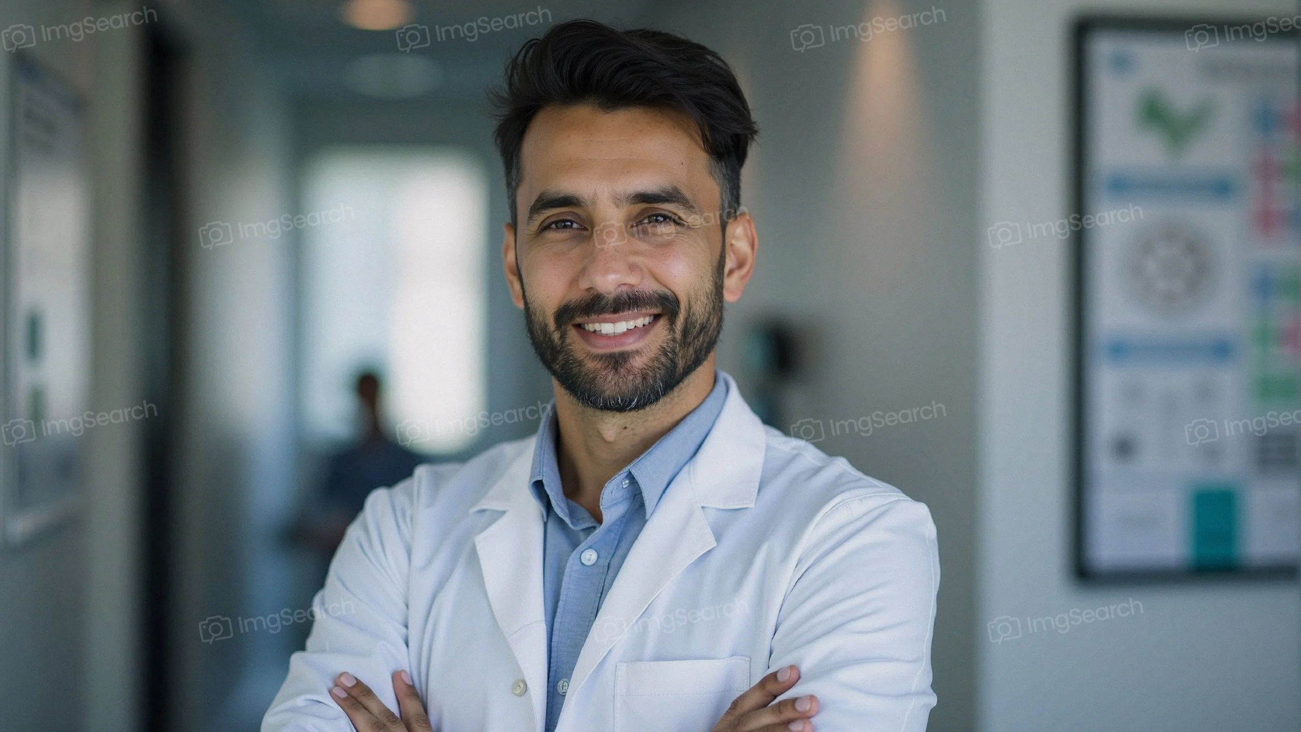 A male healthcare professional in a lab coat smiling confidently in a clinical setting