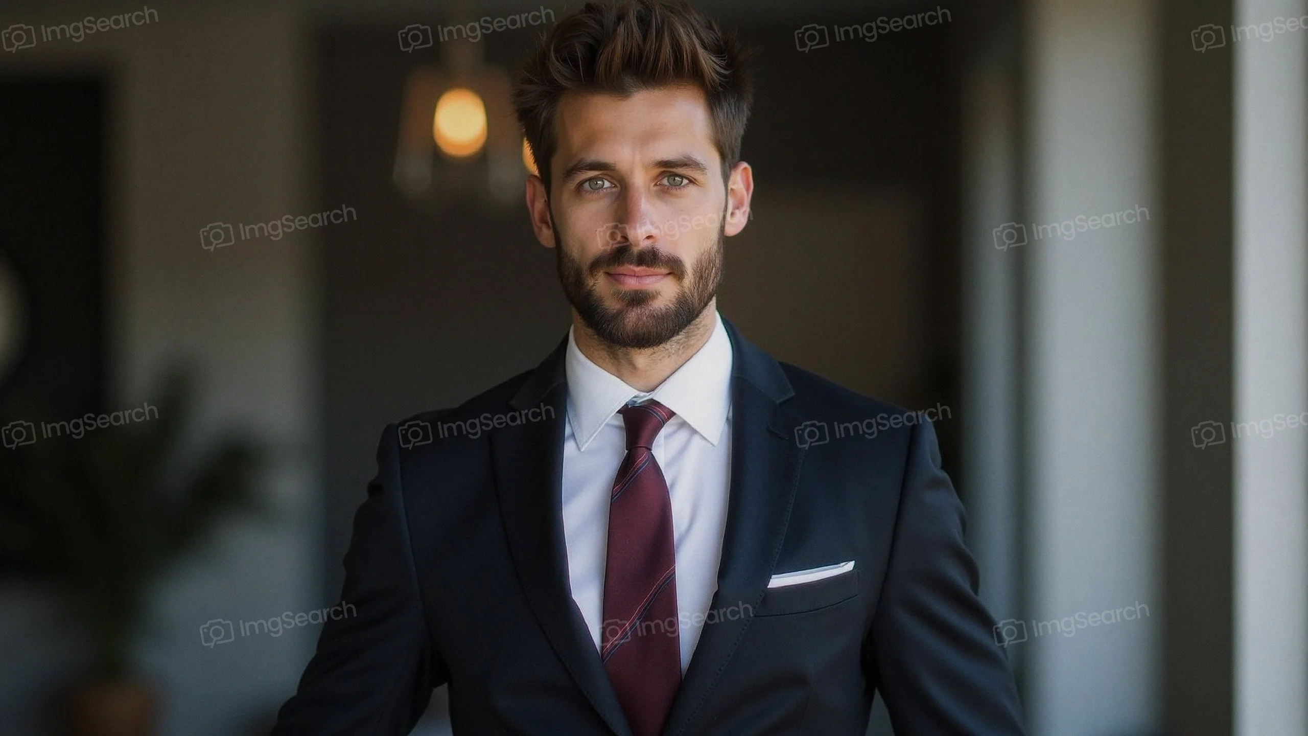 A well-groomed man in a business suit standing confidently in a modern office setting.