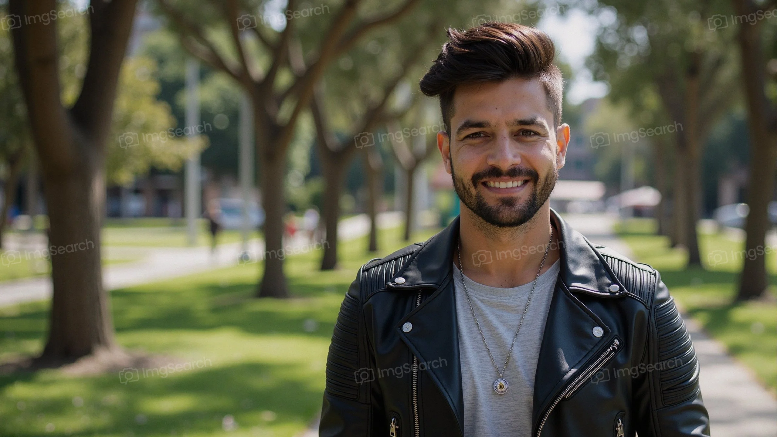 Young man with a beard wearing a leather jacket smiling in a sunny park