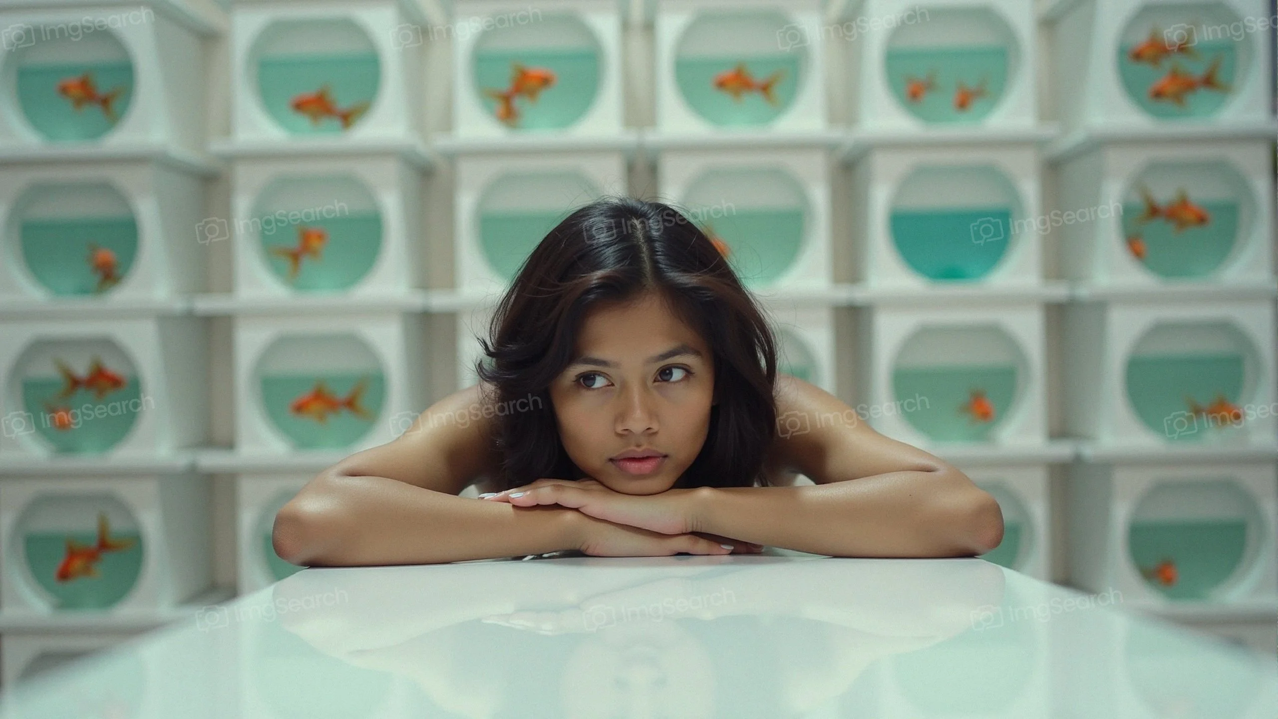 A young woman resting her chin on a table, surrounded by aquariums with goldfish.