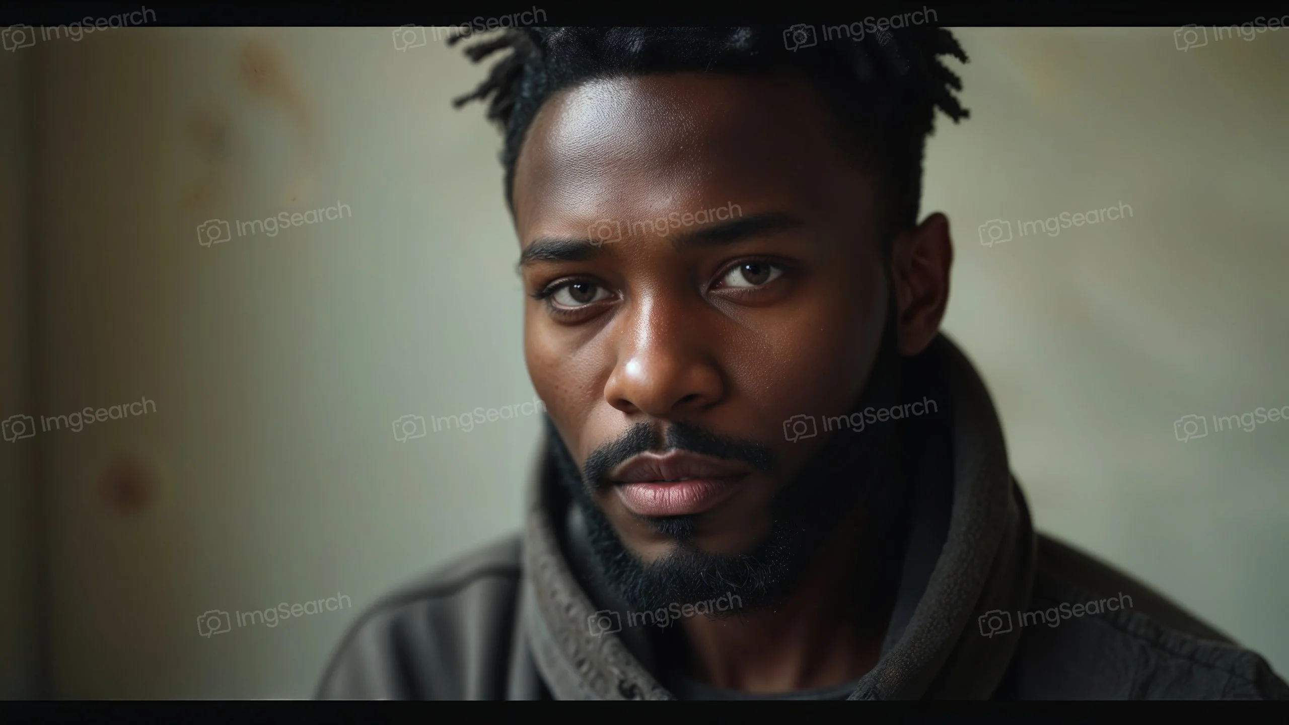 A close-up portrait of a young man with a beard, looking thoughtfully at the camera.