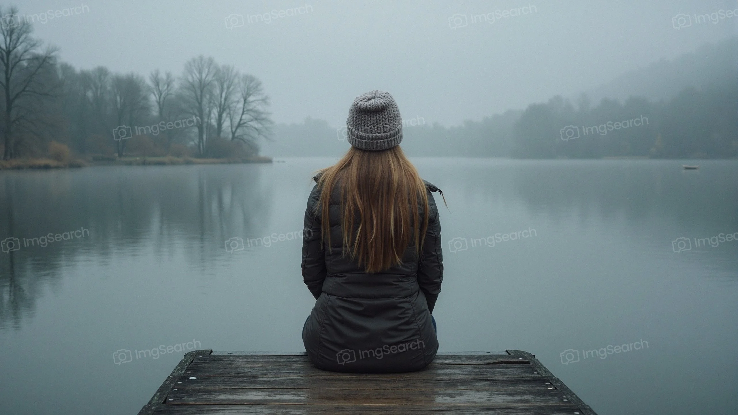 A woman sitting on a dock by a foggy lake, wearing a dark coat a knit hat.