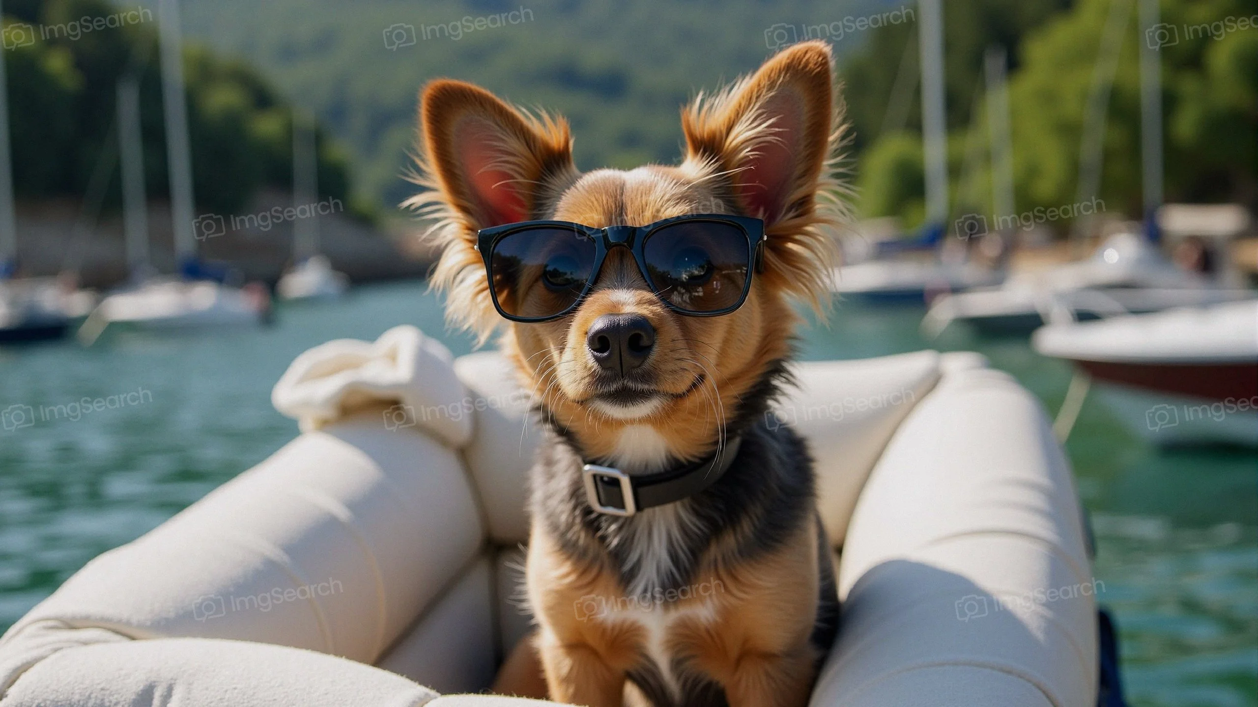 A dog wearing sunglasses relaxing on a boat in a scenic water setting.
